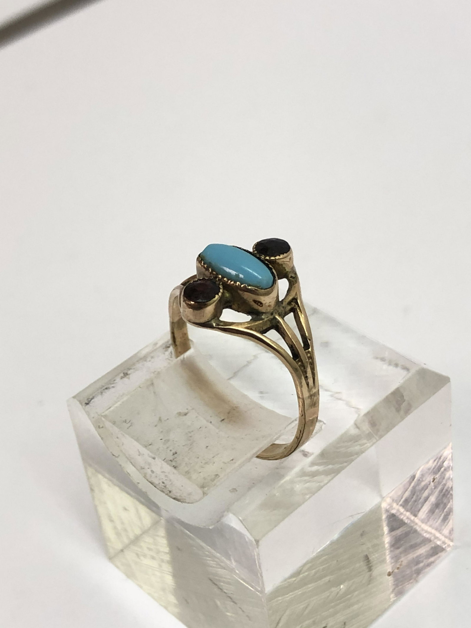14K Gold Arts Crafts Turquoise Garnet Ring (1 of 4)