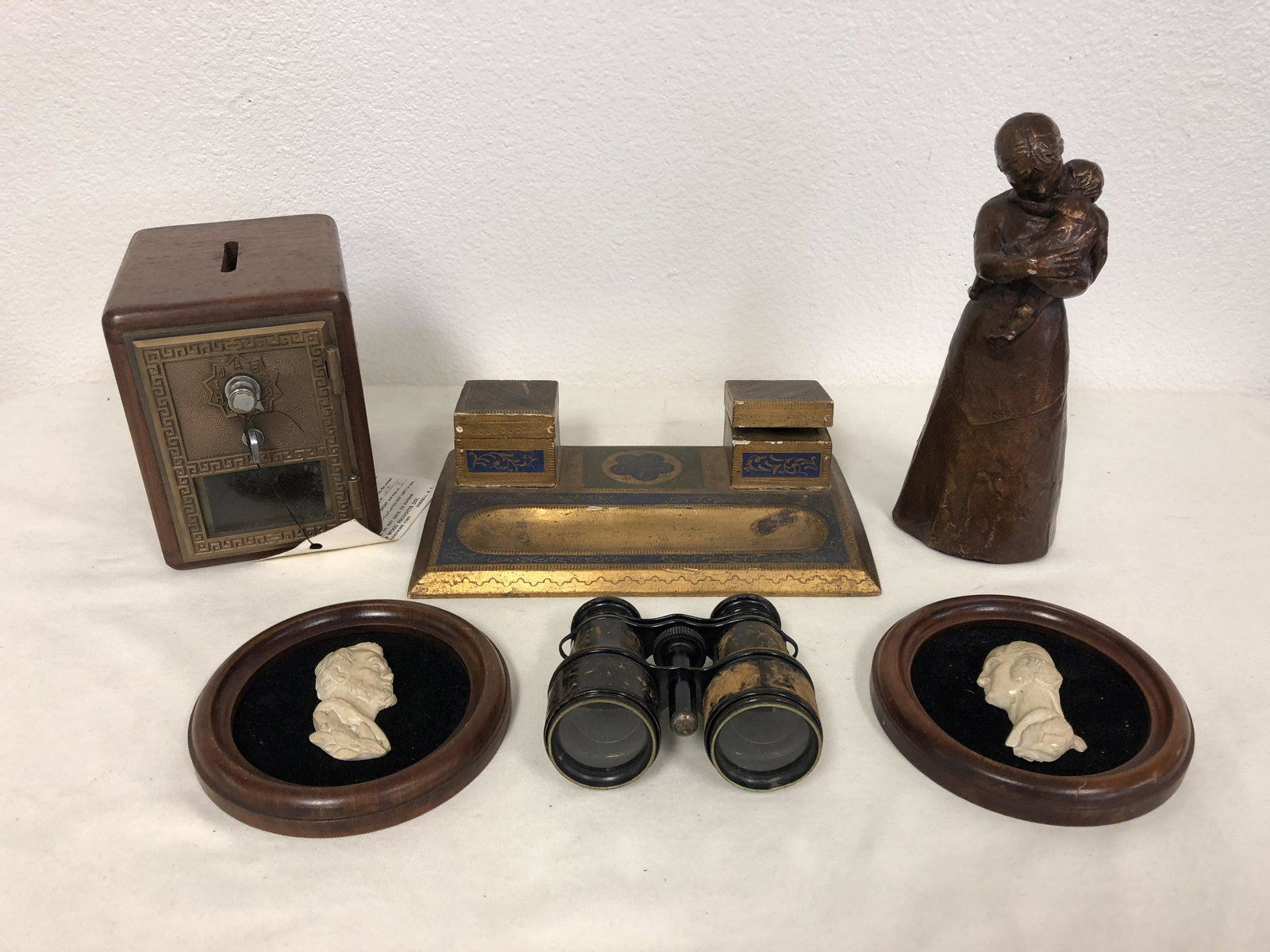Asst Tray Lot, Corbin Lock Box, Inkwell, More: Asst Tray Lot, Corbin Lock Box, Inkwell, More - Pr Figural Plaques, Opera Glasses, More