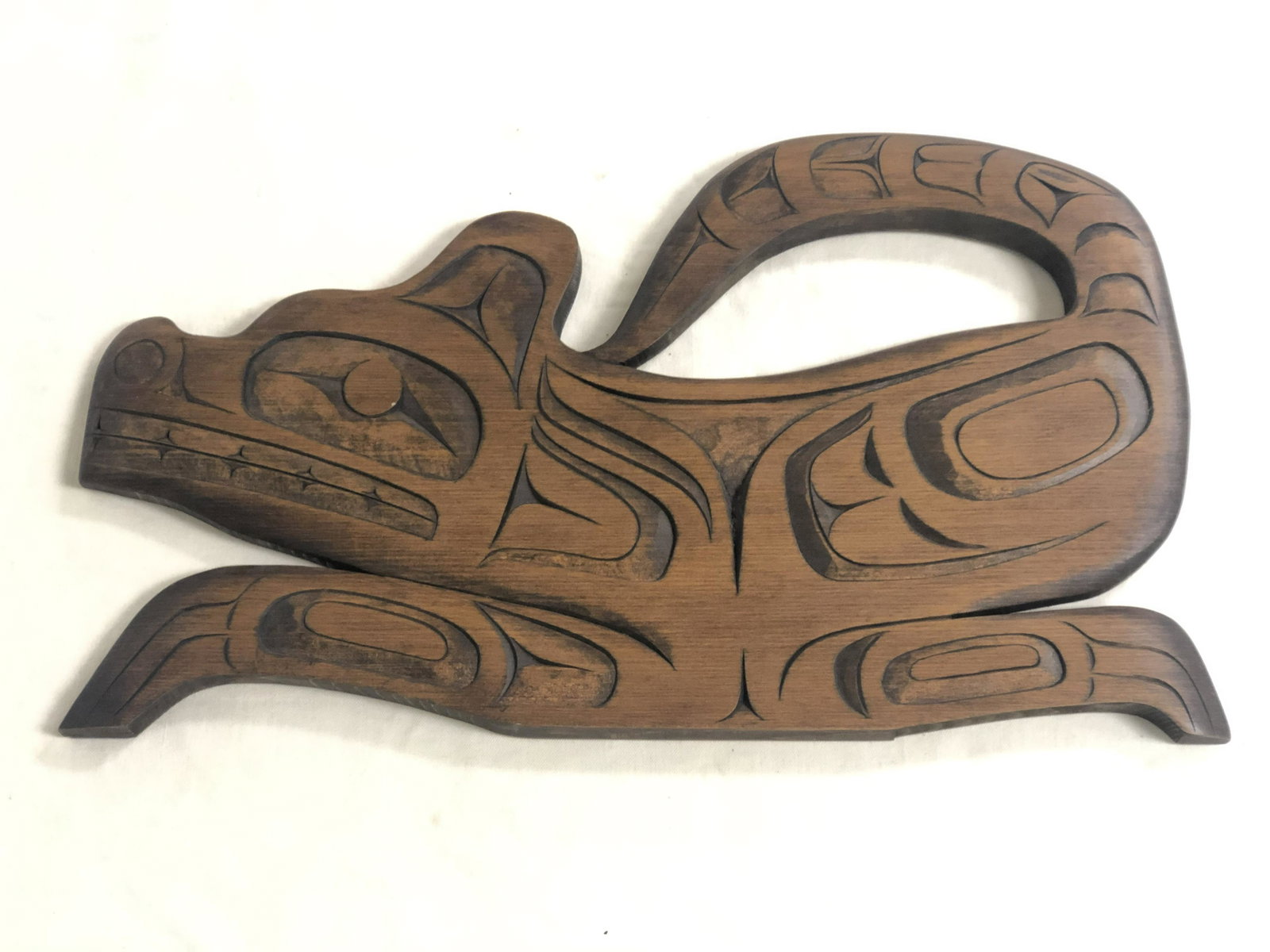Signed, Inuit Carved Wooden Wolf Plaque: Signed, Inuit Carved Wooden Wolf Plaque - Signed ''Campbell'' on Back - Approx 18'' x 11''