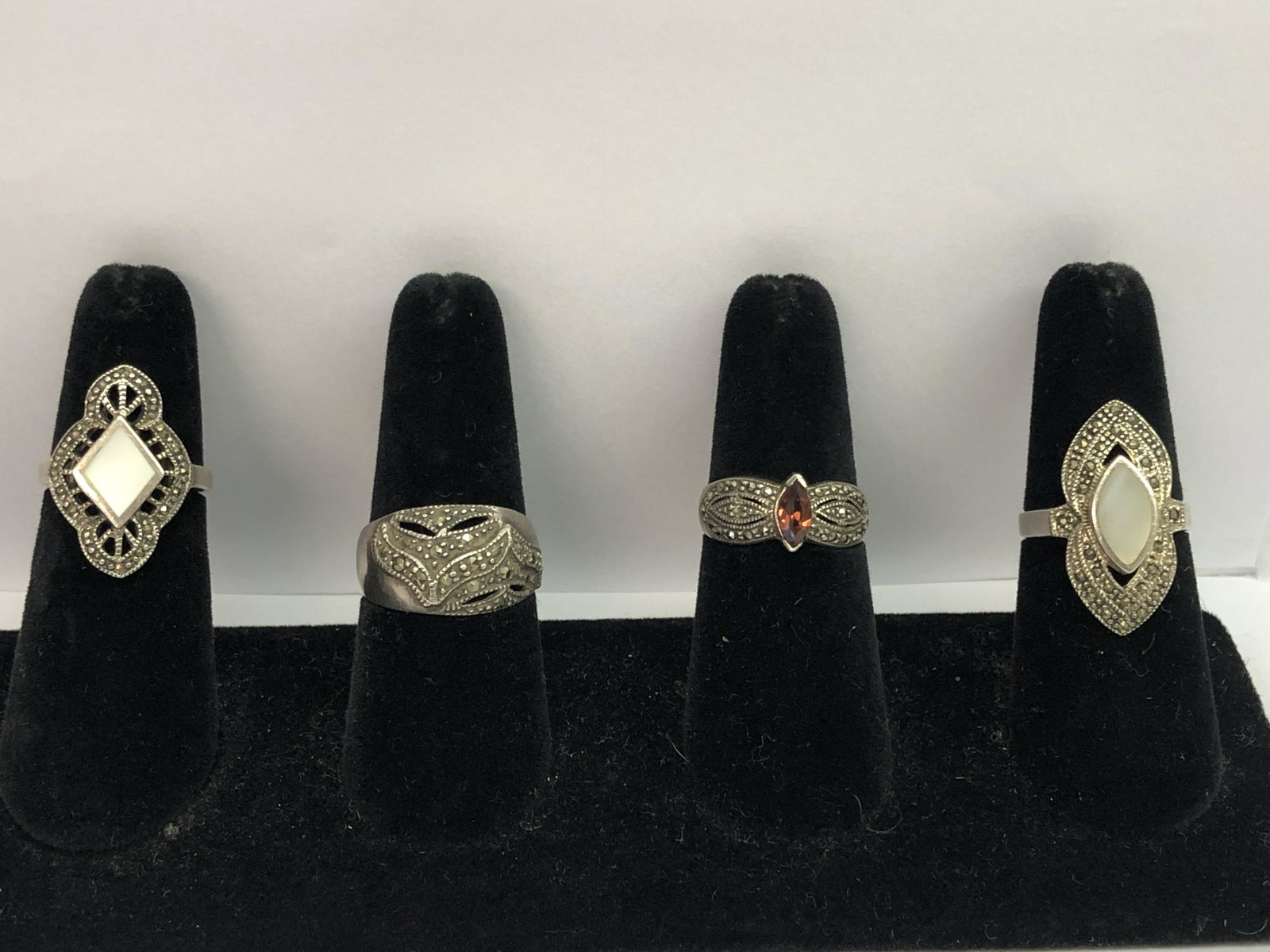 4 Vtg Marcasite Sterling Rings w/ Gemstones - Various: 4 Vtg Marcasite Sterling Rings w/ Gemstones - Various Styles, Sizes 6,7,8 + 9, Total Wgt 24.5g