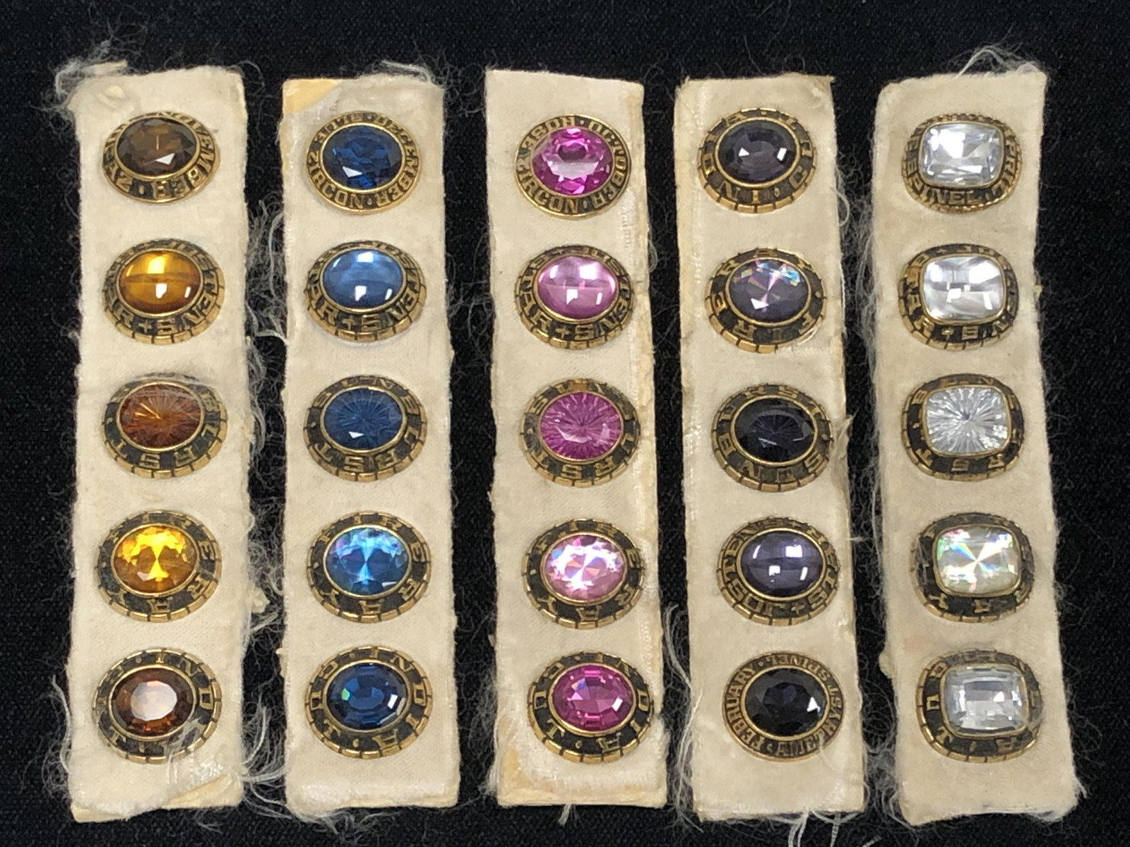 Vtg, Josten's Class Ring Stone Samples: Vtg, Josten's Class Ring Stone Samples - Asst Styles, Gemstone Cuts - Topaz Rose, Blue Zircon, Amethyst, White Spinel + More