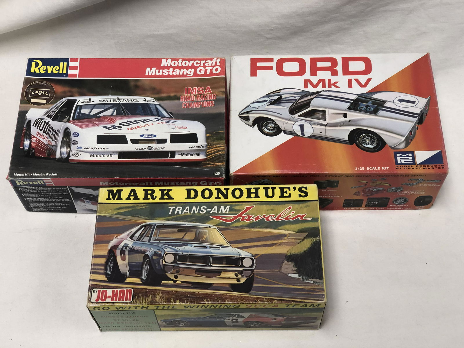 3 Vintage Car Model Kits, Donohue, More: 3 Vintage Car Model Kits, Donohue, More - Jo-Han Mark Donohue Trans-Am, Revell Mustang GTO, Ford MK IV , All Opened Boxes