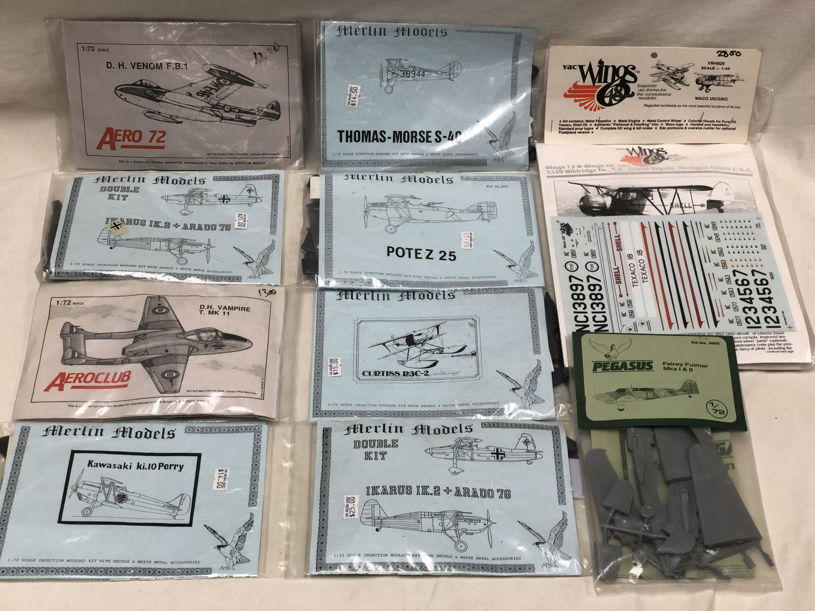 (10) Asst Model Airplane Kits - New Old Stock, All in: (10) Asst Model Airplane Kits - New Old Stock, All in Original Wrapping - VacWings48, Aeroclub, Pegasus, Merlin + More