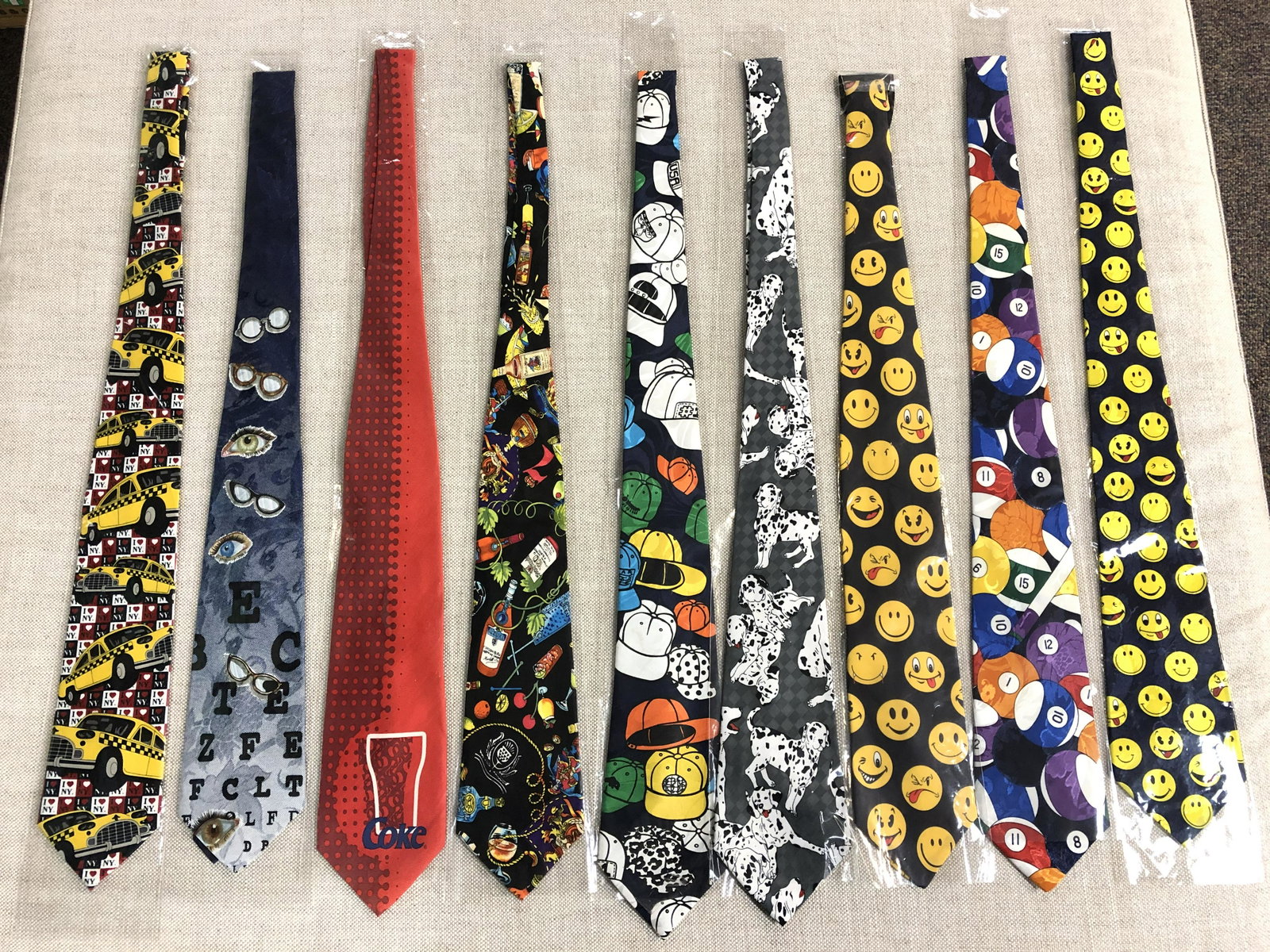 (9) Asst New Ties, Billards, Coca-Cola, More - Various: (9) Asst New Ties, Billards, Coca-Cola, More - Various Makers - Happy Faces, 'I Love NY' , Dalmations + More