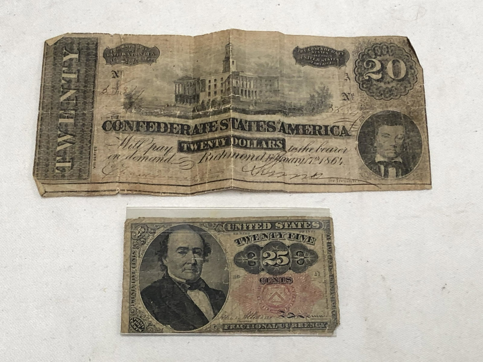 1874 Fractional Currency, Confederate Twenty - Series: 1874 Fractional Currency, Confederate Twenty - Series of 1874 .25 & .10 Cents, 1864 7th Issue Confederate Twenty