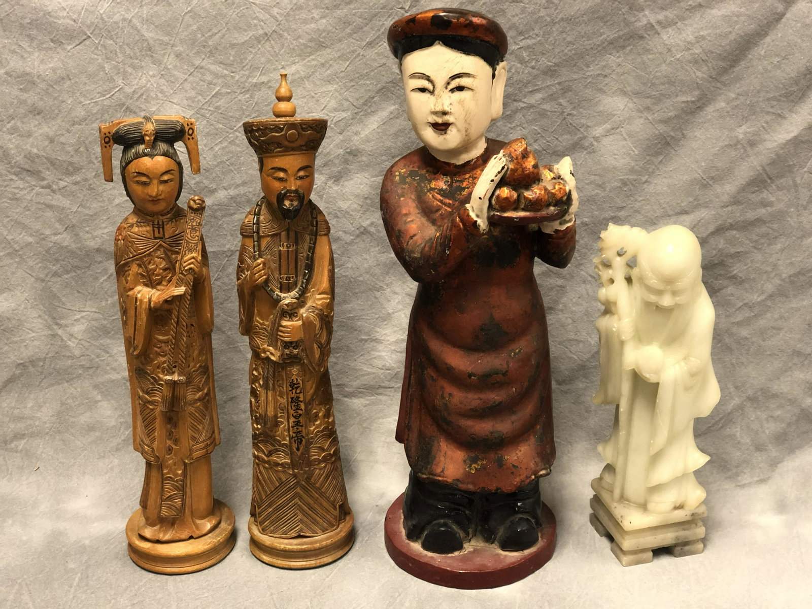 4 Asst Asian Figures, Carved Wood, Soapstone: 4 Asst Asian Figures, Carved Wood, Soapstone - Asst Sizes, 9.5'' Tall - 15'' Tall