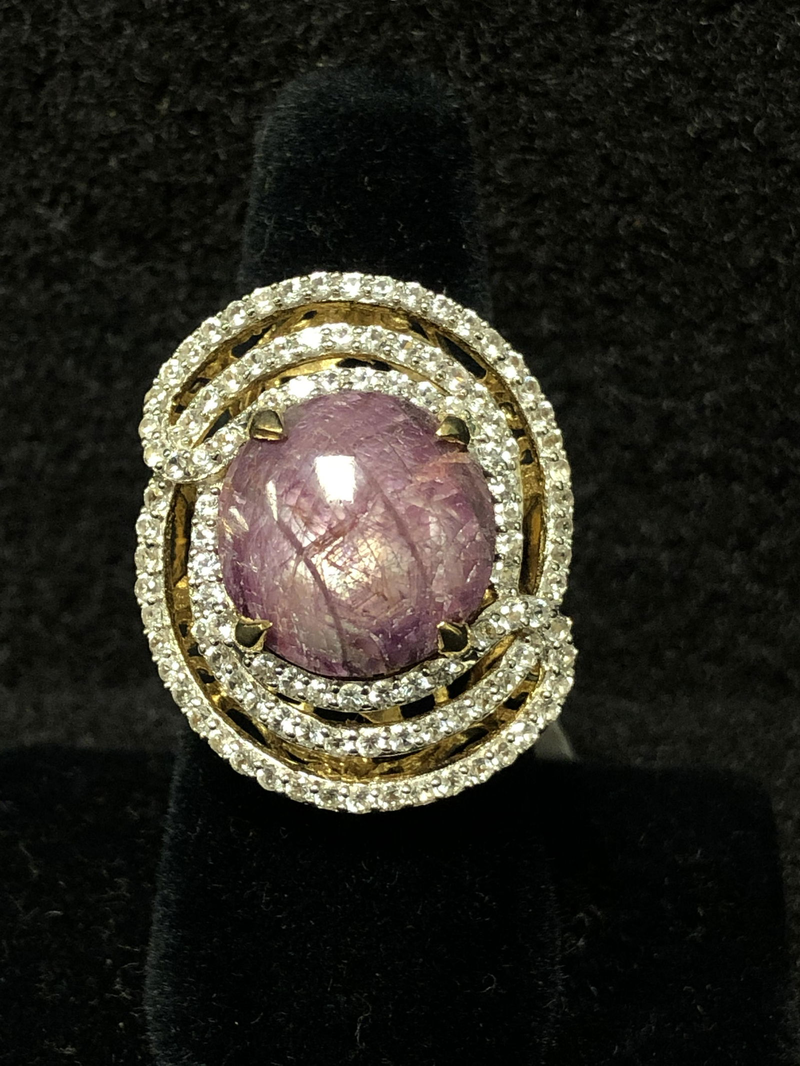 14K Gold Overlay on Sterling, Ruby Sapphire Ring: 14K Gold Overlay on Sterling, Ruby Sapphire Ring - Certified, Sz 8.25 , 21.37ct Corundum Ruby, 108 Sapphires