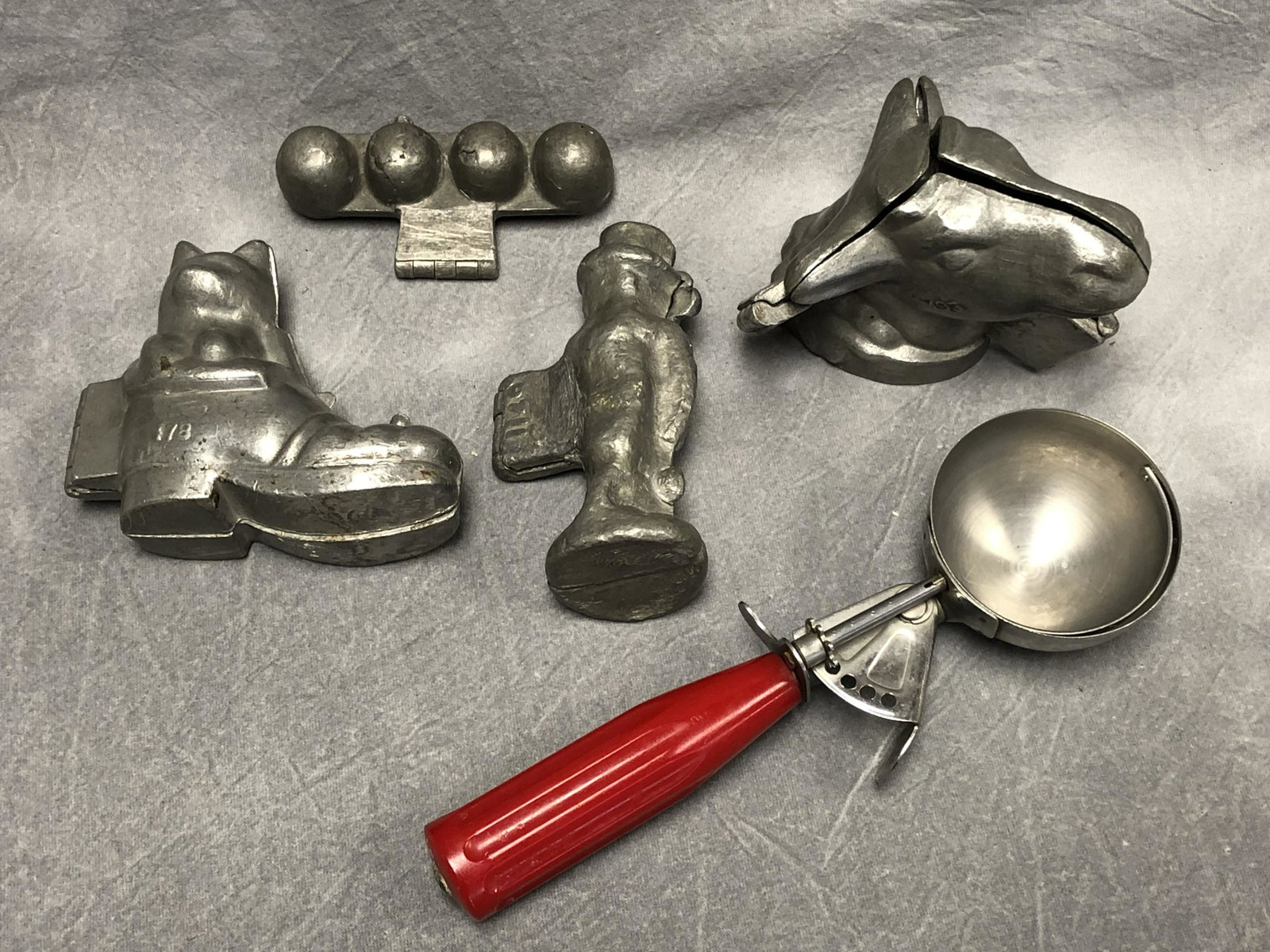 4 Antique Pewter Ice Cream Molds: 4 Antique Pewter Ice Cream Molds - Hinged Molds, Some #d, Asst Styles + Bakelite Handled Scooper