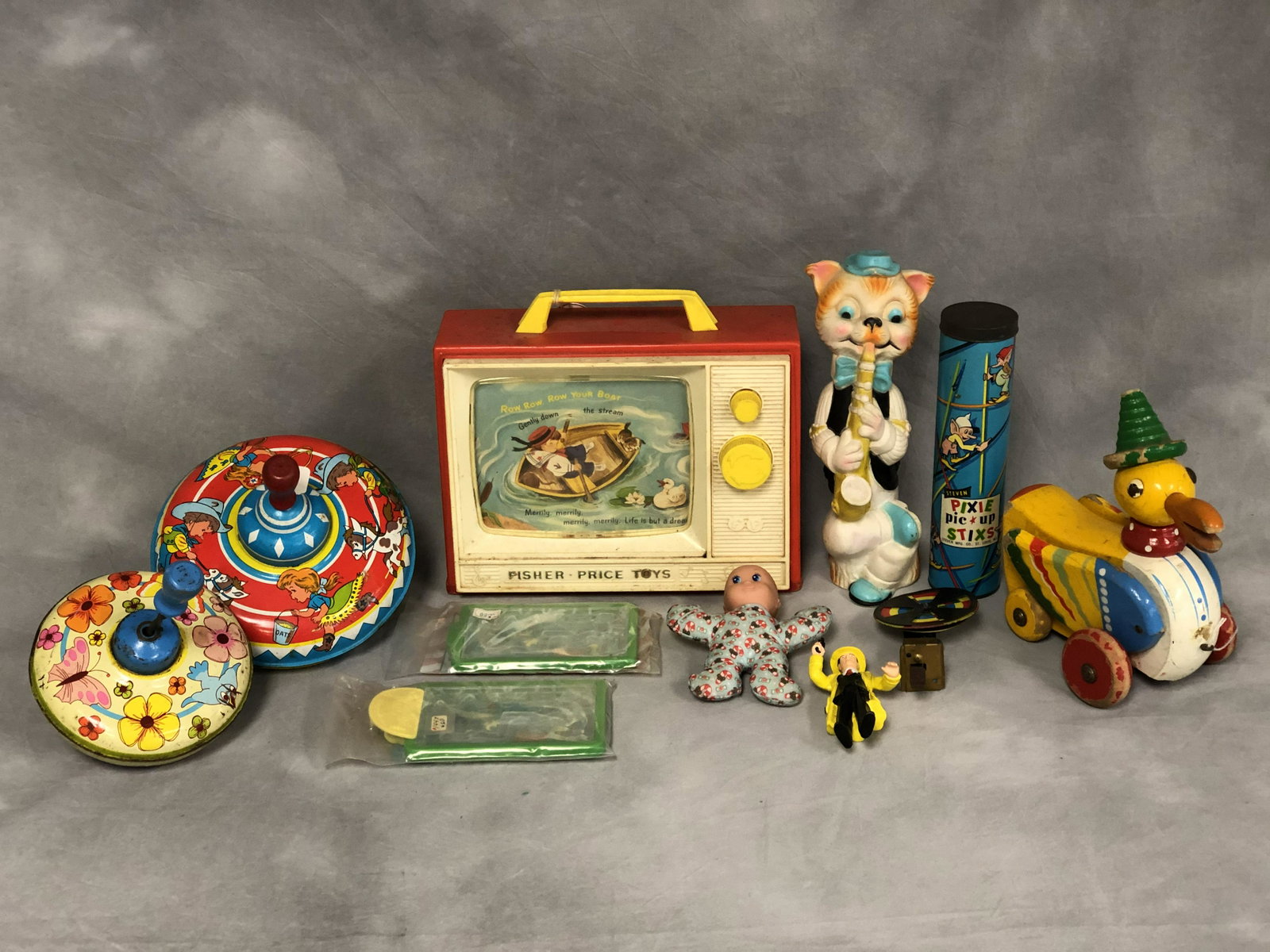 Vintage Toys, Tin Tops, Wood PullToy, More: Vintage Toys, Tin Tops, Wood PullToy, More - Pic-up Stix, Rubber Cat , More