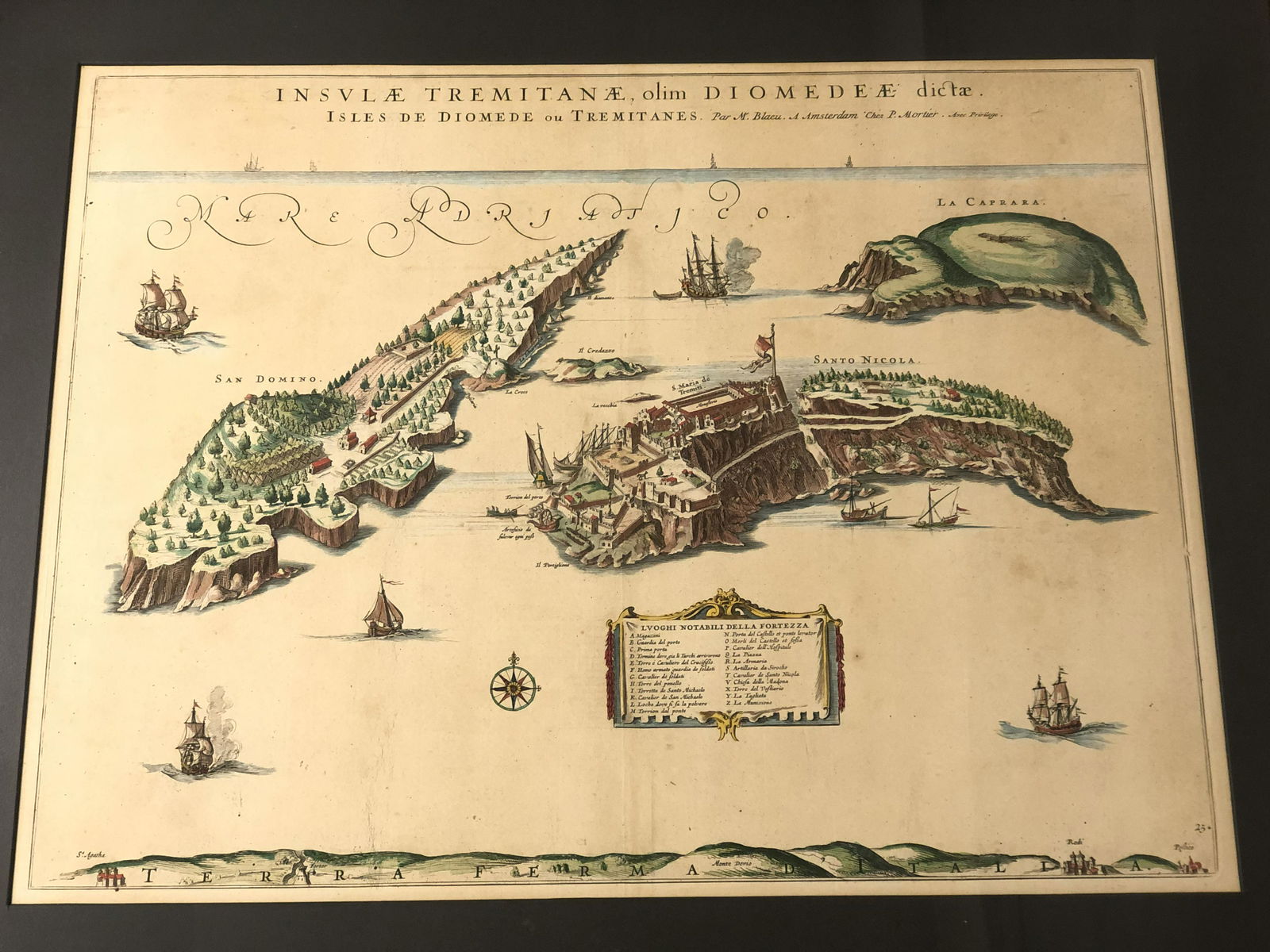 Atq Hand Colored Tremiti Islands Map: Atq Hand Colored Tremiti Islands Map - Republished by Mortier in 1700s, Framed & Matted, Sight 20'' x 15''