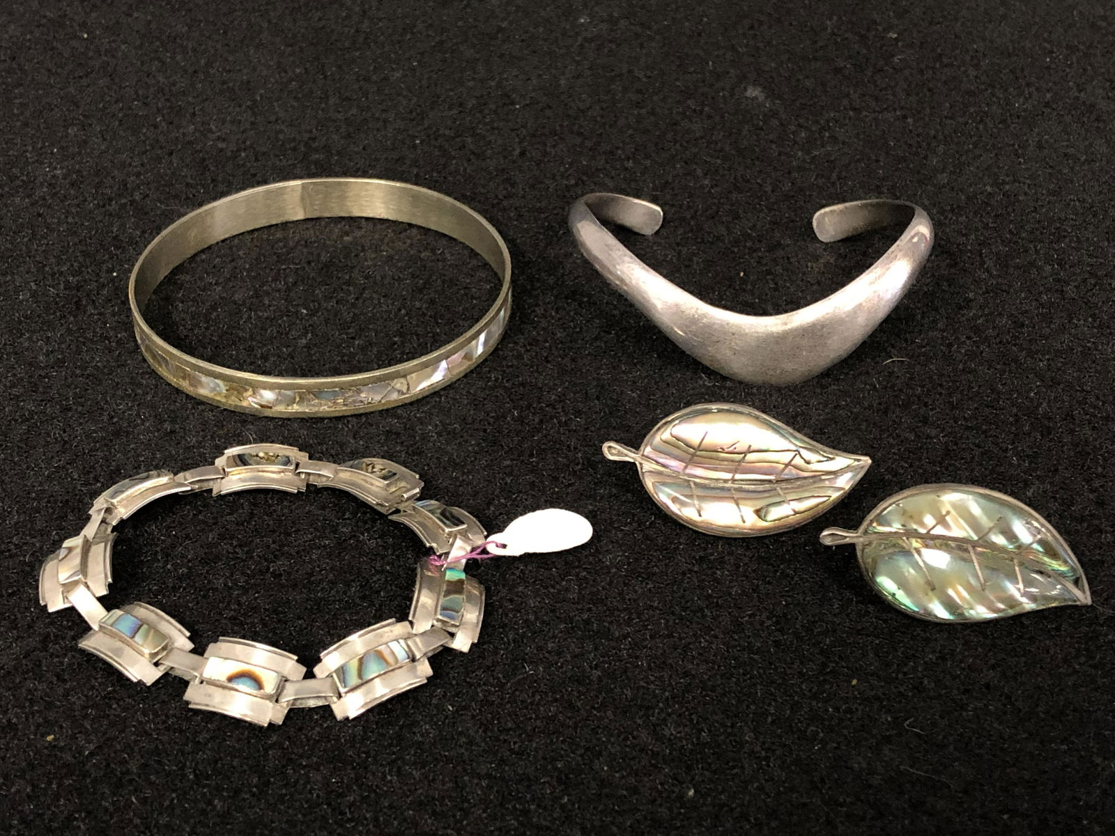 Sterling Abalone Jewelry, Earrings / Bracelet: Sterling Abalone Jewelry, Earrings / Bracelet - Hallmarked Bracelet + Earrings, Sterling Silver Total Wgt 50.5g