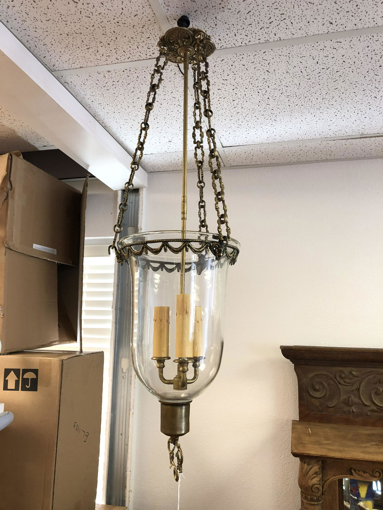 Pr Victorian Blown Glass Hanging Lamps: Pr Victorian Blown Glass Hanging Lamps - Brass Ram Head Rims w/ 3 Candle Light Fixture, Approx 32'' Drop Dome Glass 10.25'' x 19''