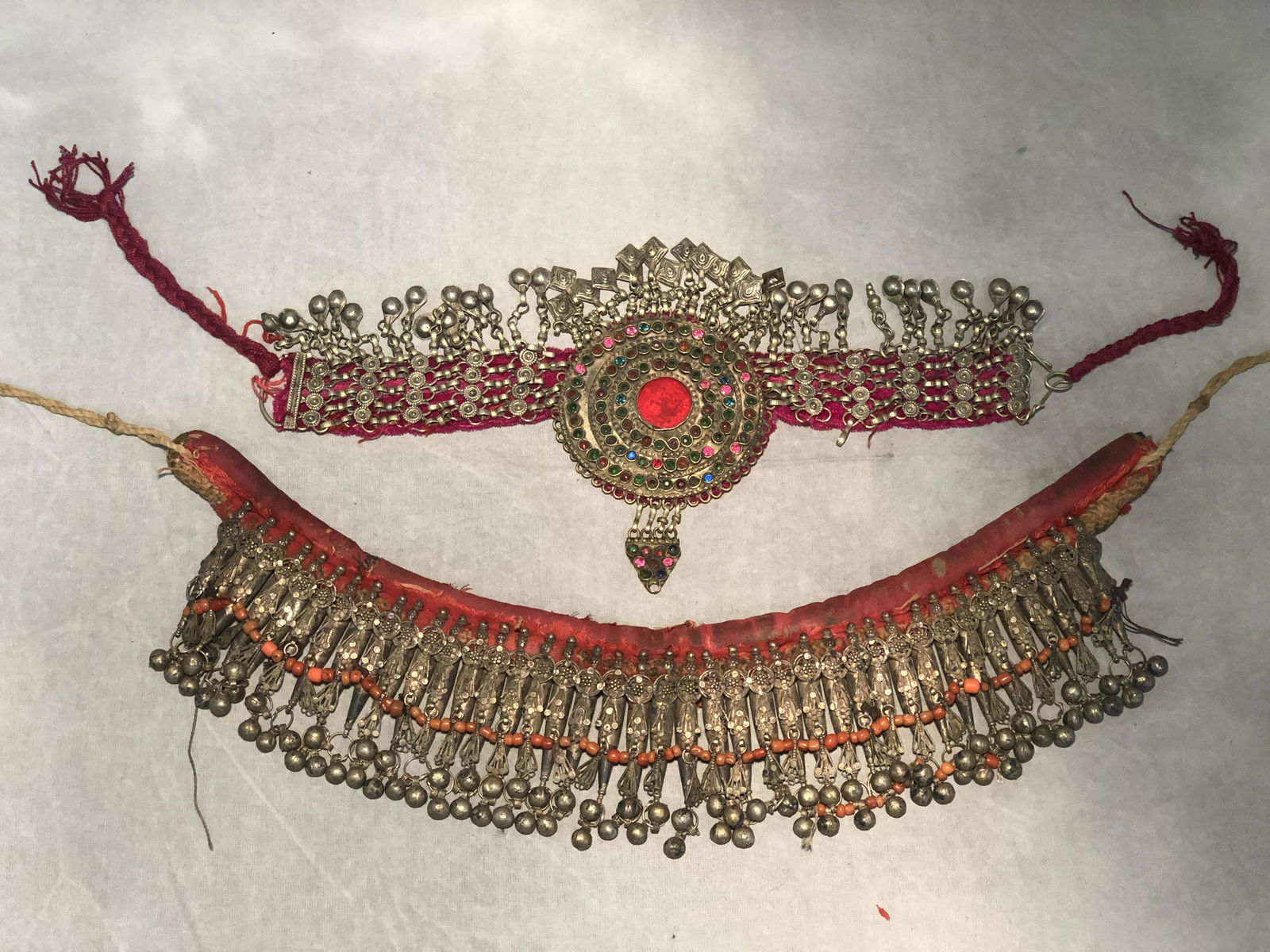 Antique, Yemen Collar + Ceremonial Necklace: Antique, Yemen Collar + Ceremonial Necklace - 15'' Long Antique Yemen Collier w/ Silver Beads & Coral Colored Beads + Antique Middle Eastern Kuchi Collar
