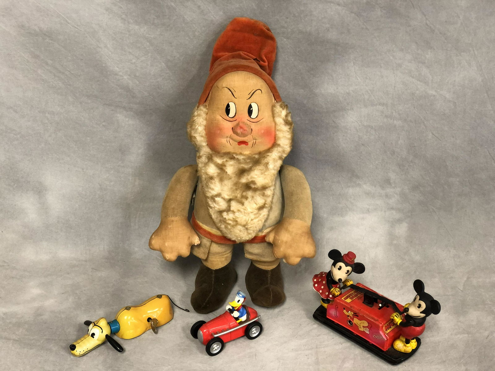 Original Disney Dwarf, Tin Mickey Handcar, Pluto: Original Disney Dwarf, Tin Mickey Handcar, Pluto - Original Disney Musical Dwarf, Tin Wind-up Pluto w/ Key, Mickey & Minnie Handcar, Donald Car