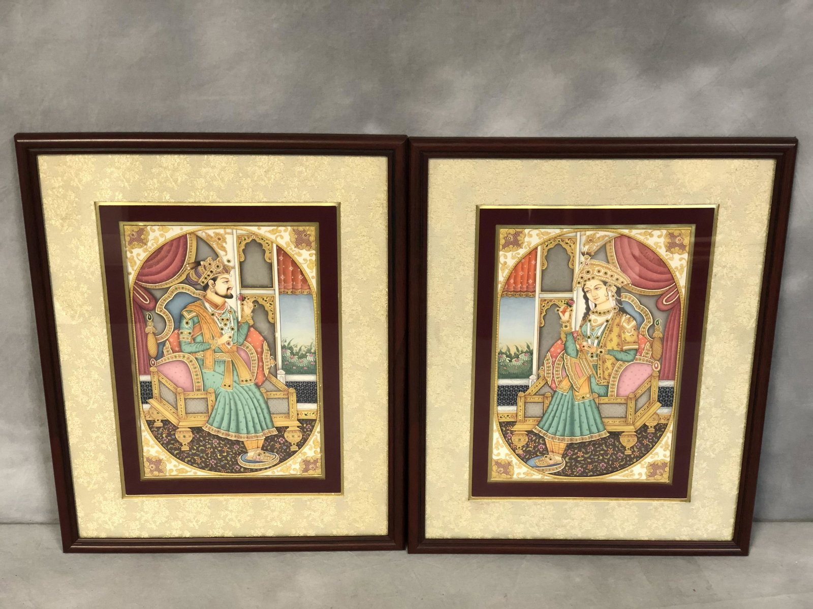 (2)Original Mughal Art: (2)Original Mughal Art - Mixed Media w/ Accents, Shah Jahan & Mumtaz Mahal, Sight 6'' x 9'' , Framed 11.75'' x 14.75''