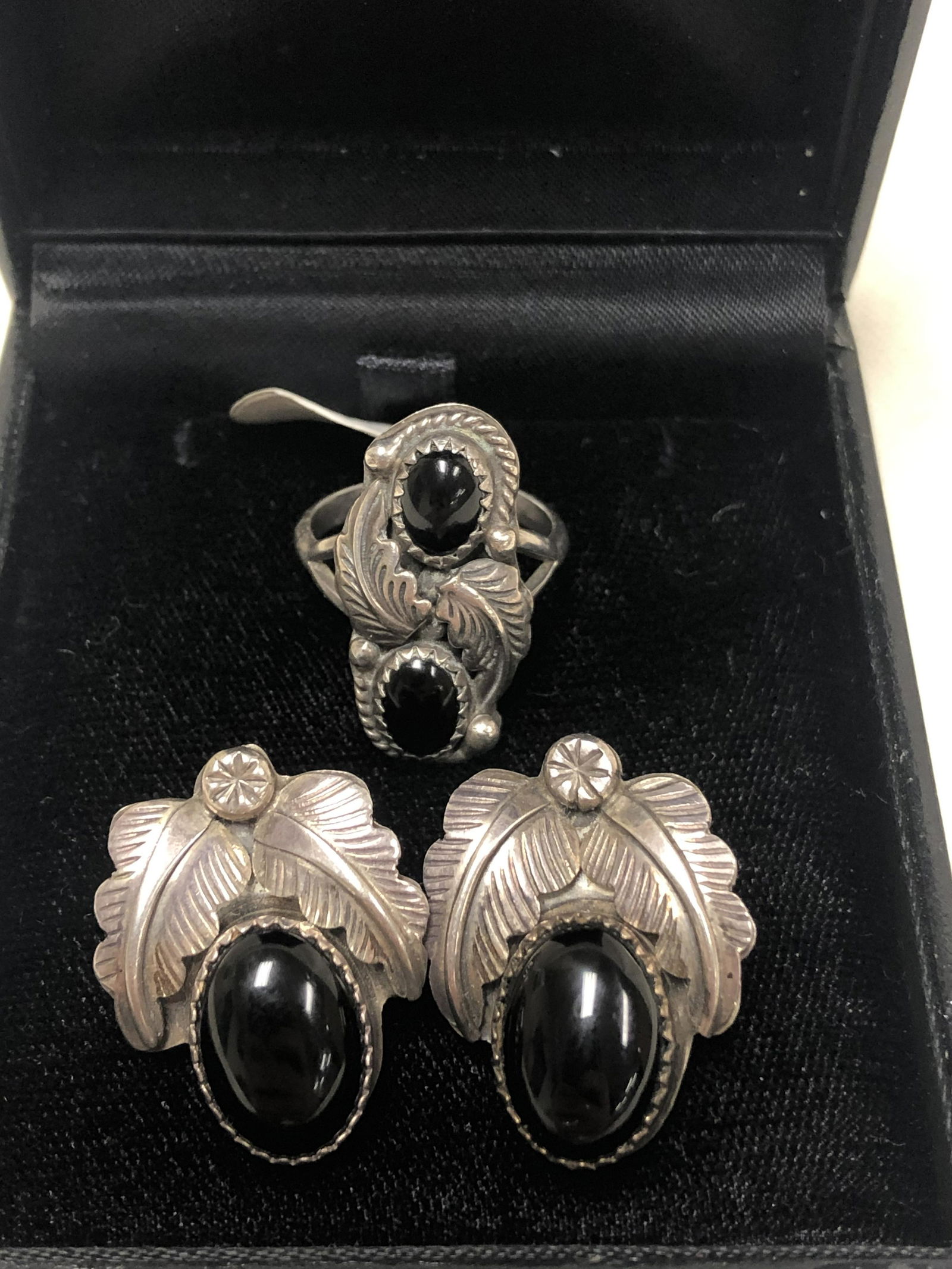 Native American Sterling Onyx Ring, Earrings (1 of 5)
