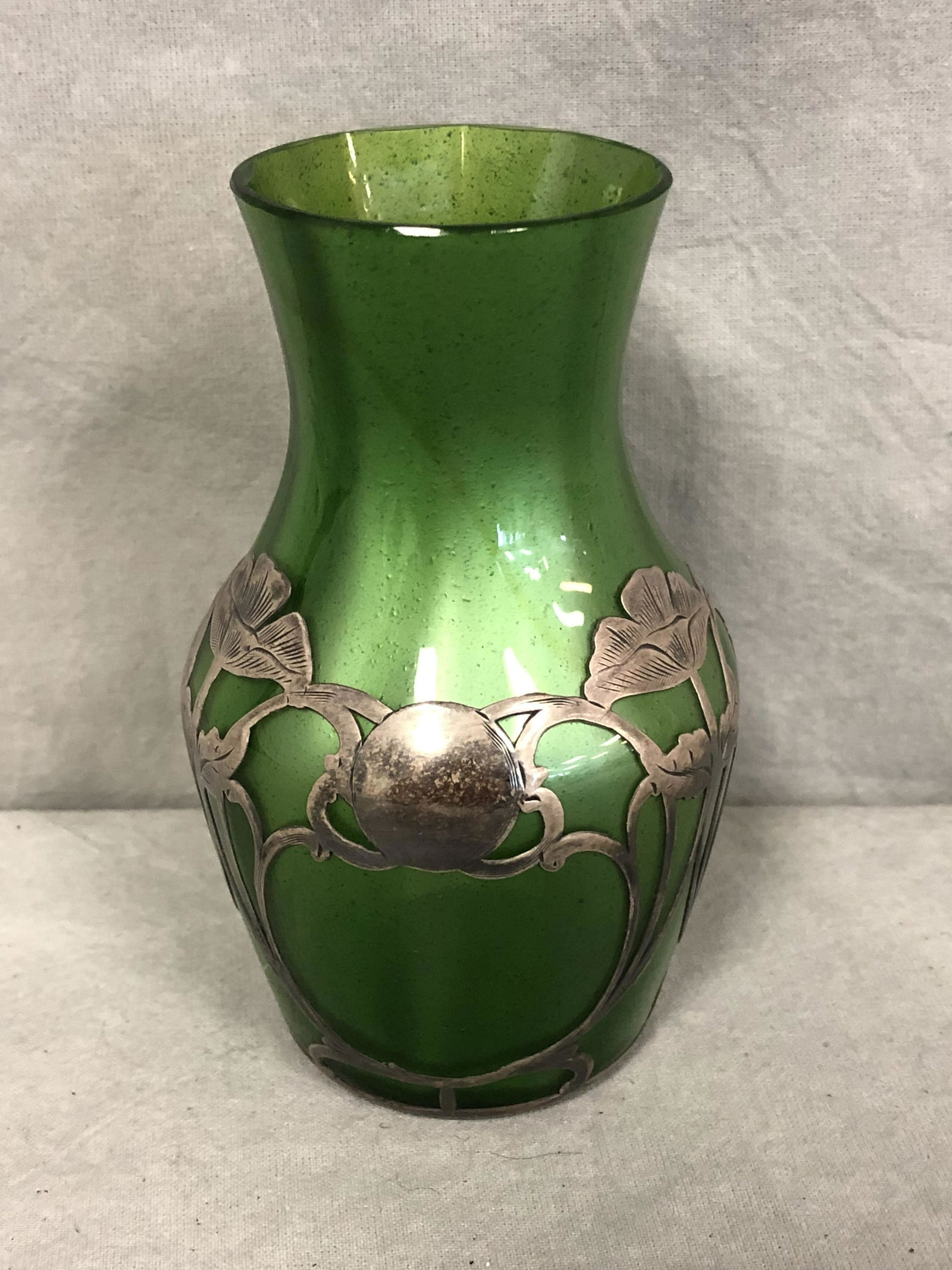 Atq Alvin Gorham Green Glass Vase, .999 Overlay (1 of 3)
