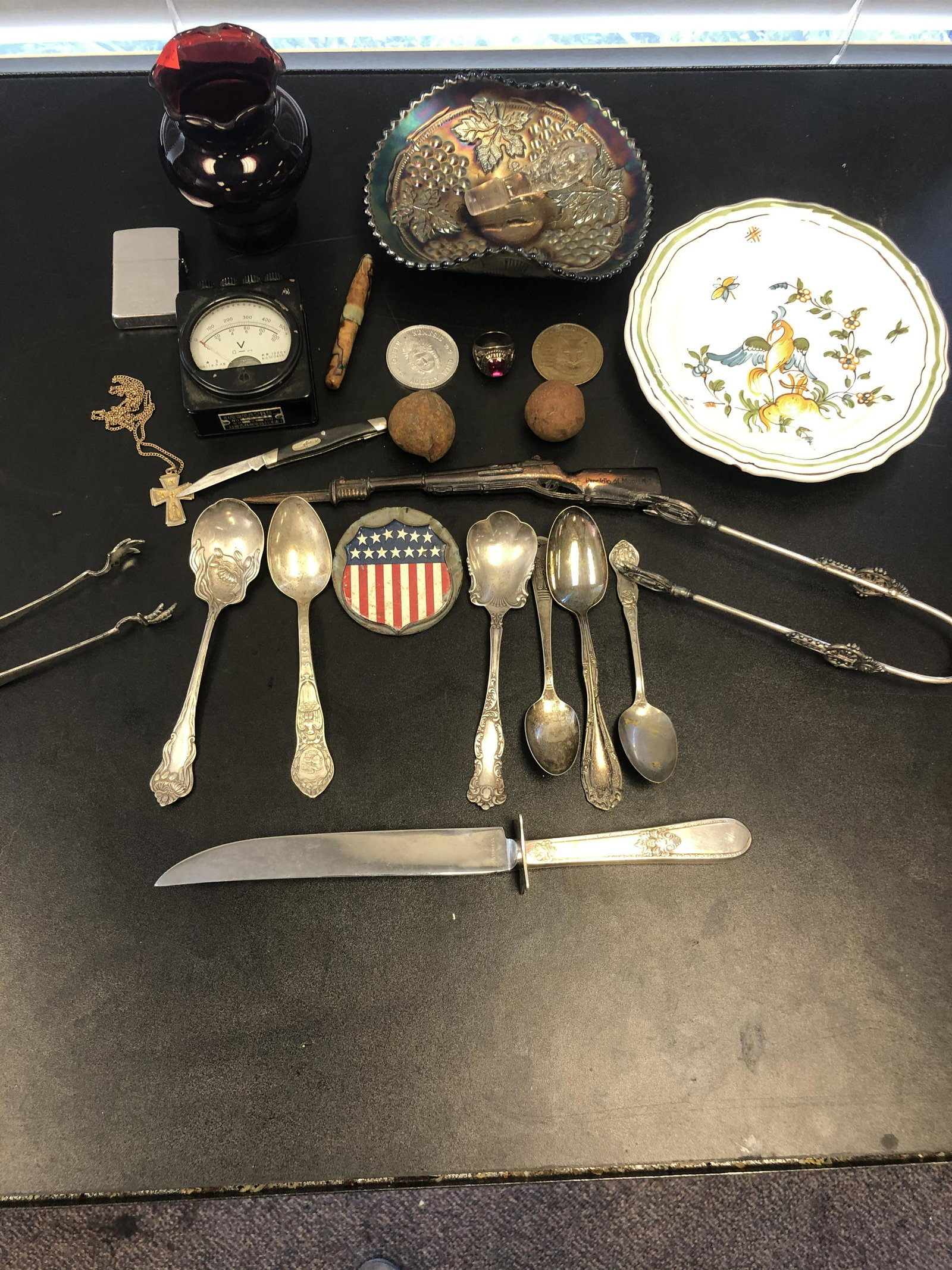 Rodeo Class Ring, Cap, Meter, Token, More - Ruby Glass: Rodeo Class Ring, Cap, Meter, Token, More - Ruby Glass Vase, Silverplated Flatware, Metal Presidio Toy Gun, Metal balls + More