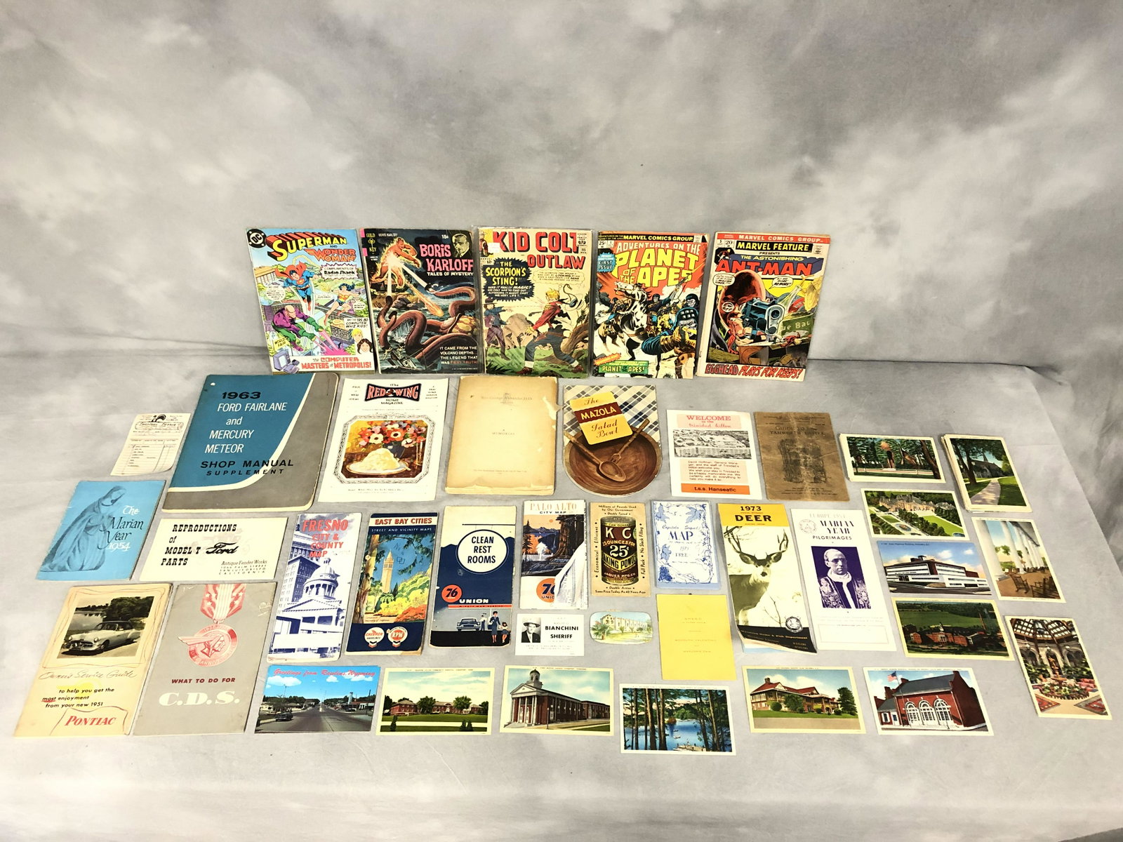 Asst Ephemera, Maps, Postcards & More - (50)Postcards,: Asst Ephemera, Maps, Postcards & More - (50)Postcards, Comic Books, 1963 Ford Fairlane Manual & Advertisements