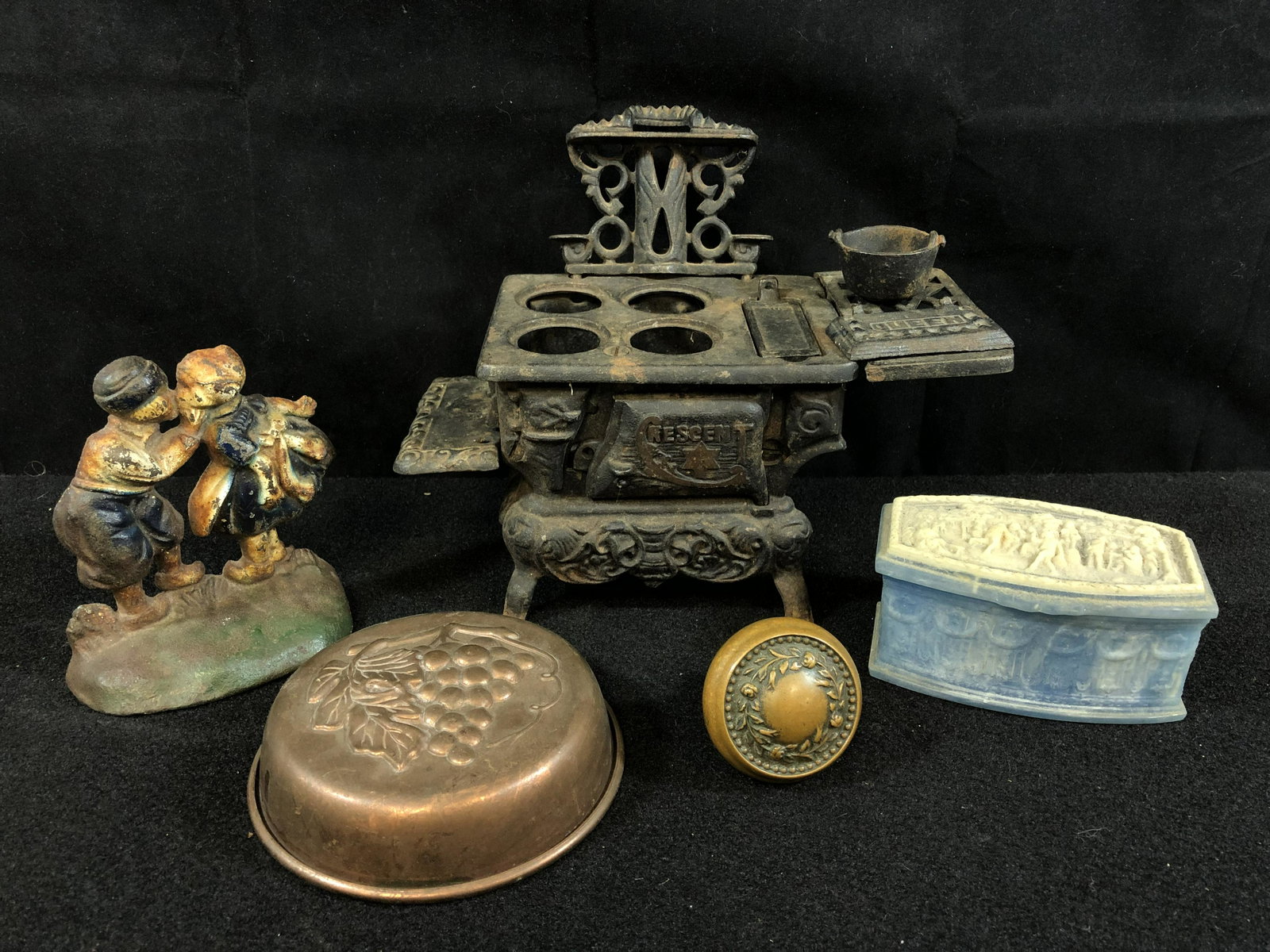 Cresant Salesman Stove, Hubly Doorstop, More - Art: Cresant Salesman Stove, Hubly Doorstop, More - Art Nouveau Door Knob, Vintage Copper Mold, Incolay Stone Box