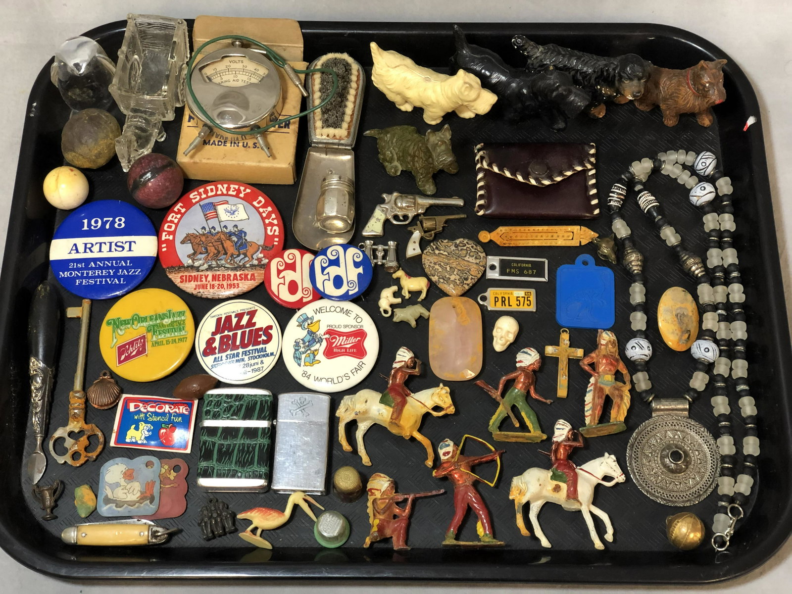 Asst Vintage Lot of Items, Pins, Figures, More -: Asst Vintage Lot of Items, Pins, Figures, More - Scottie Dogs, Lighters, Pocket Voltmeter, Stones & More