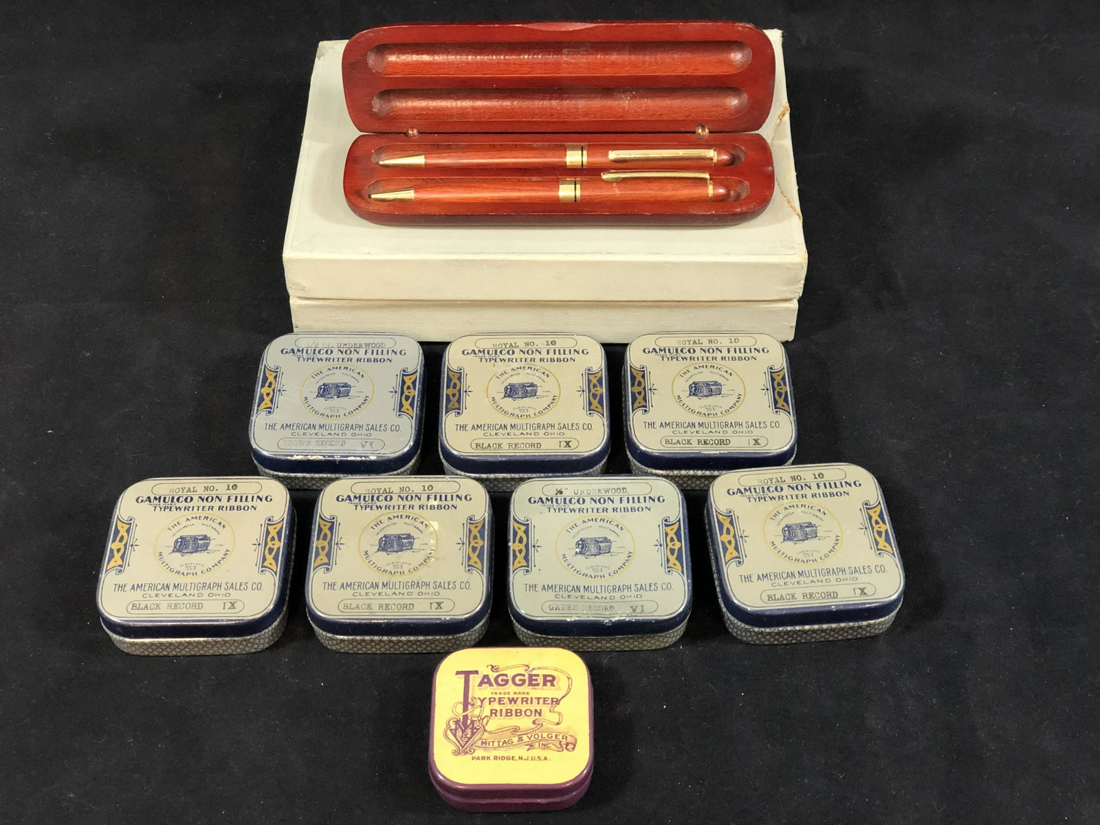 Vtg Typewriter Ribbons, Pen/Pencil Set - (7)Gamulco: Vtg Typewriter Ribbons, Pen/Pencil Set - (7)Gamulco Ribbons in Original Tins w/ Box, Tagger Typewriter Ribbon