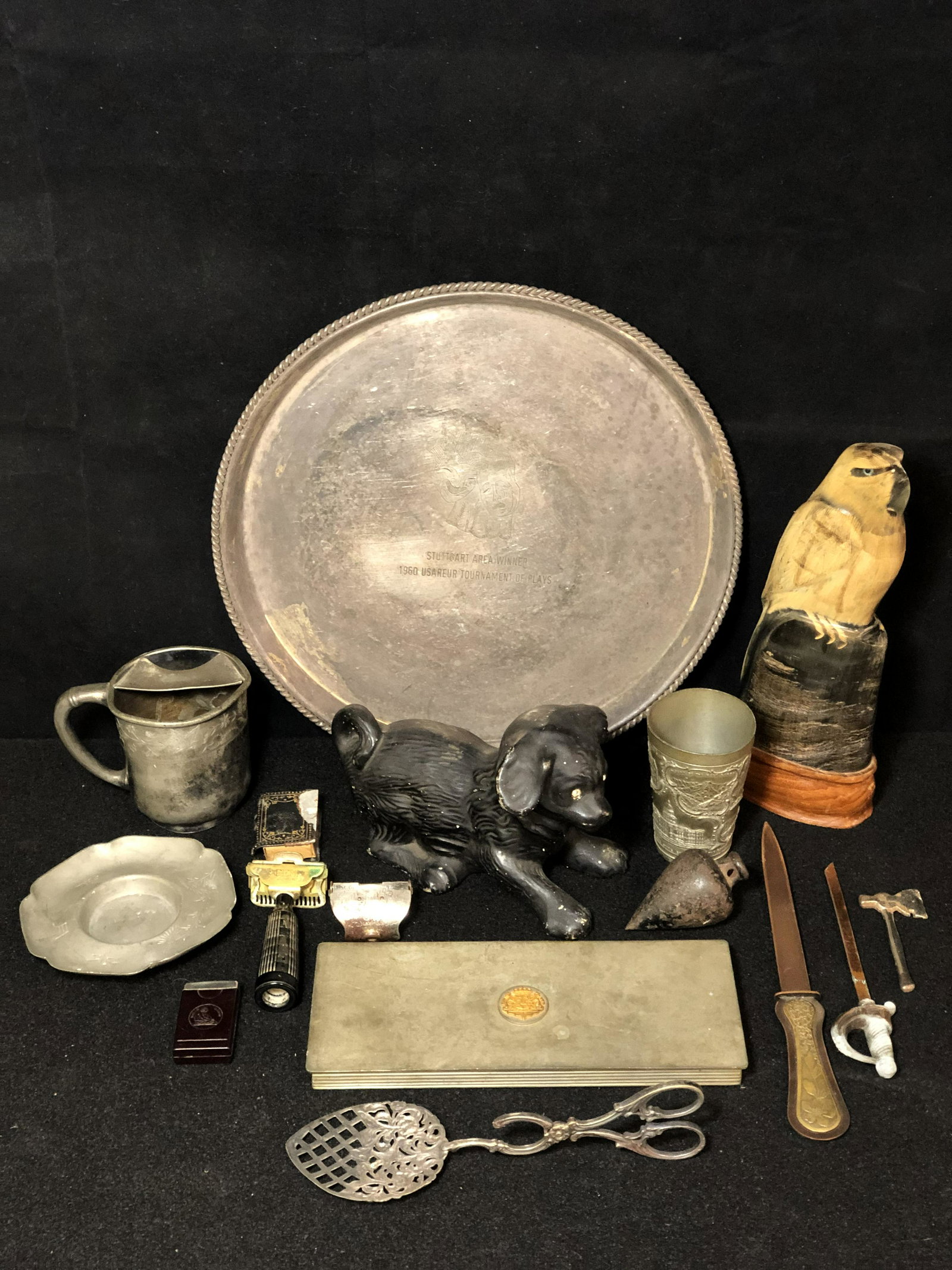 Atq/ Vtg Asst Items, Razor, Carved Bird, More - Atq: Atq/ Vtg Asst Items, Razor, Carved Bird, More - Atq Pewter Mustache Mug, Letter Openers, 'Rolls' Razor Blade in BakeLite Container, Crest Case & More