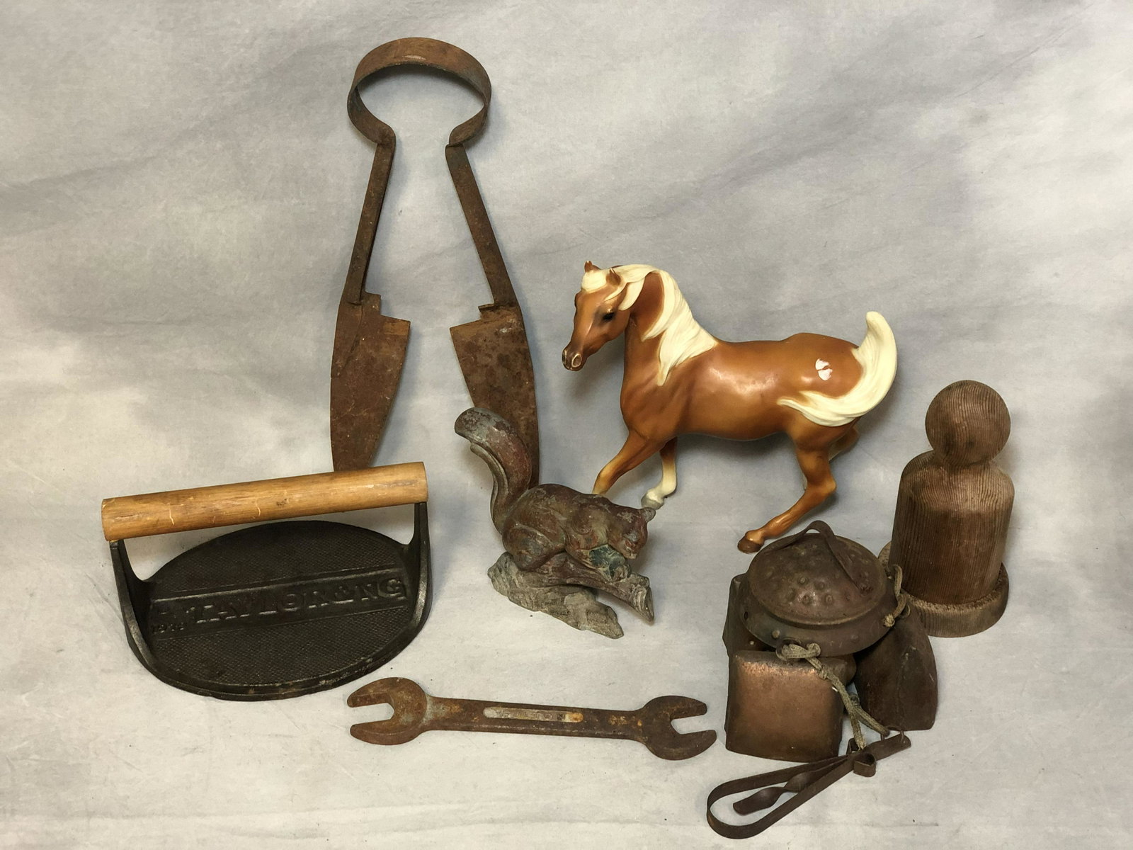 Cow Bell Chime, Burger Press, Tools, More - Cast Metal: Cow Bell Chime, Burger Press, Tools, More - Cast Metal Squirrel, Breyer Horse, Cow Hamburger Press & More