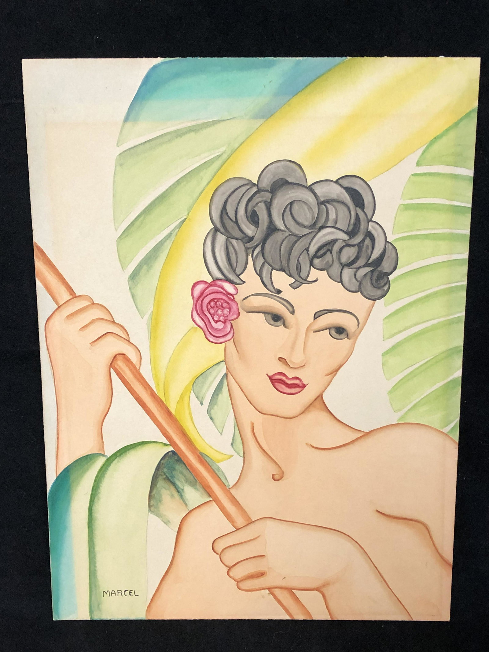 Signed,'Marcel' Deco Watercolor of Hawaii - Watercolor: Signed,'Marcel' Deco Watercolor of Hawaii - Watercolor on PosterBoard, 11'' x 15''