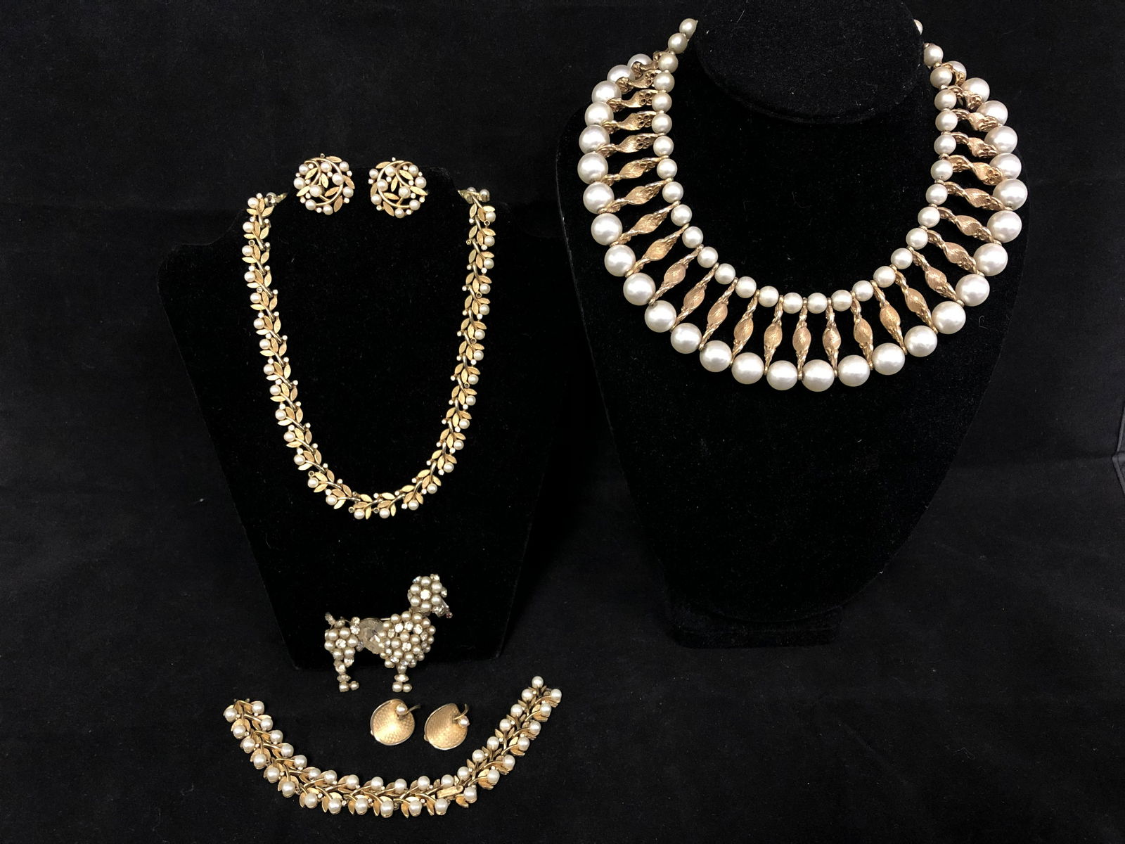 Vintage Faux Pearl Jewelry - Trifari Necklace, Bracelet: Vintage Faux Pearl Jewelry - Trifari Necklace, Bracelet & Earring Set, Poodle Brooch & Collar Necklace