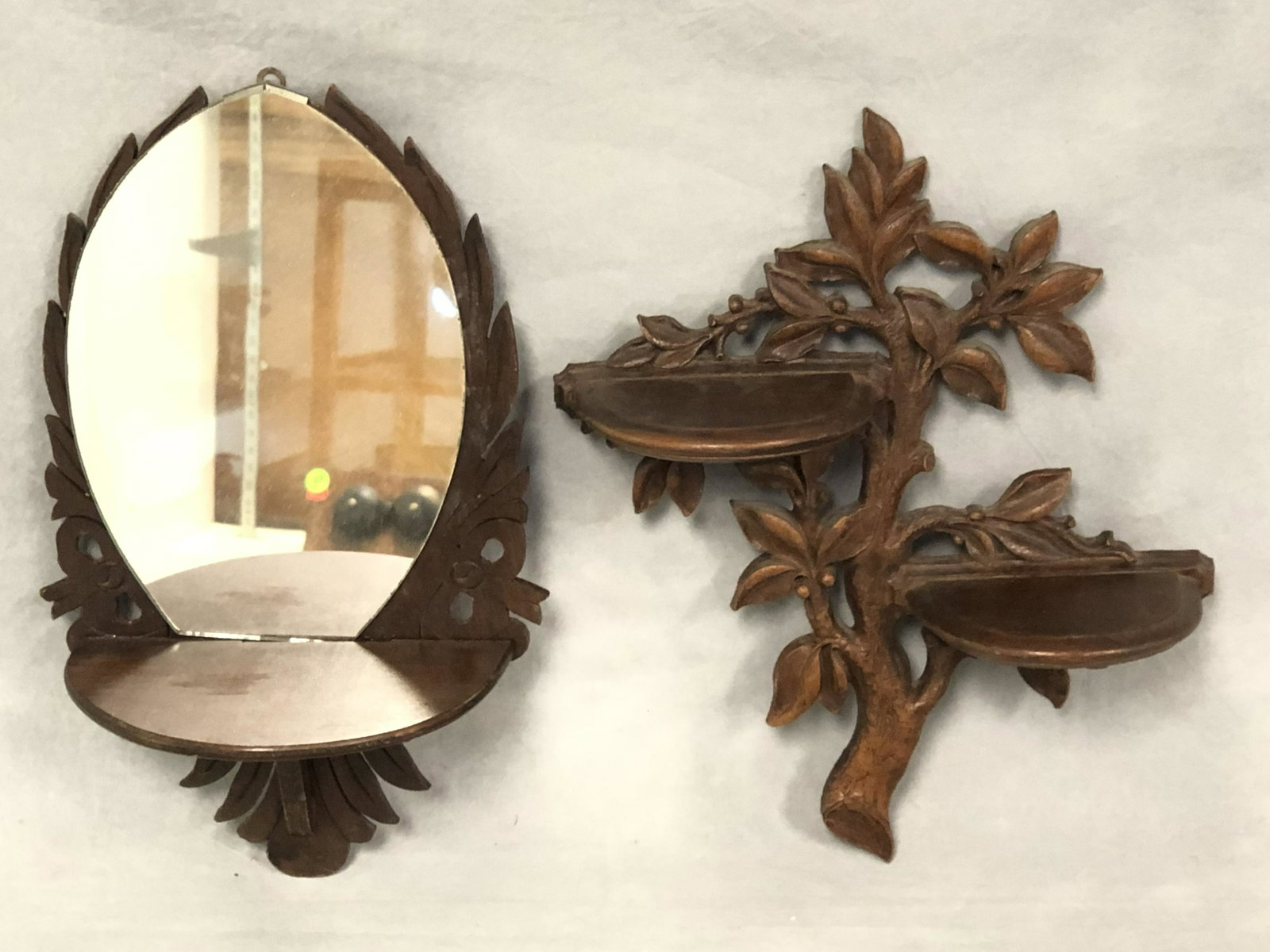 Atq/ Vtg Wall Sconce Shelves - (1) has Mirror 12'' x: Atq/ Vtg Wall Sconce Shelves - (1) has Mirror 12'' x 7.5'' + (1)Tree Shaped 11.5'' x 8''