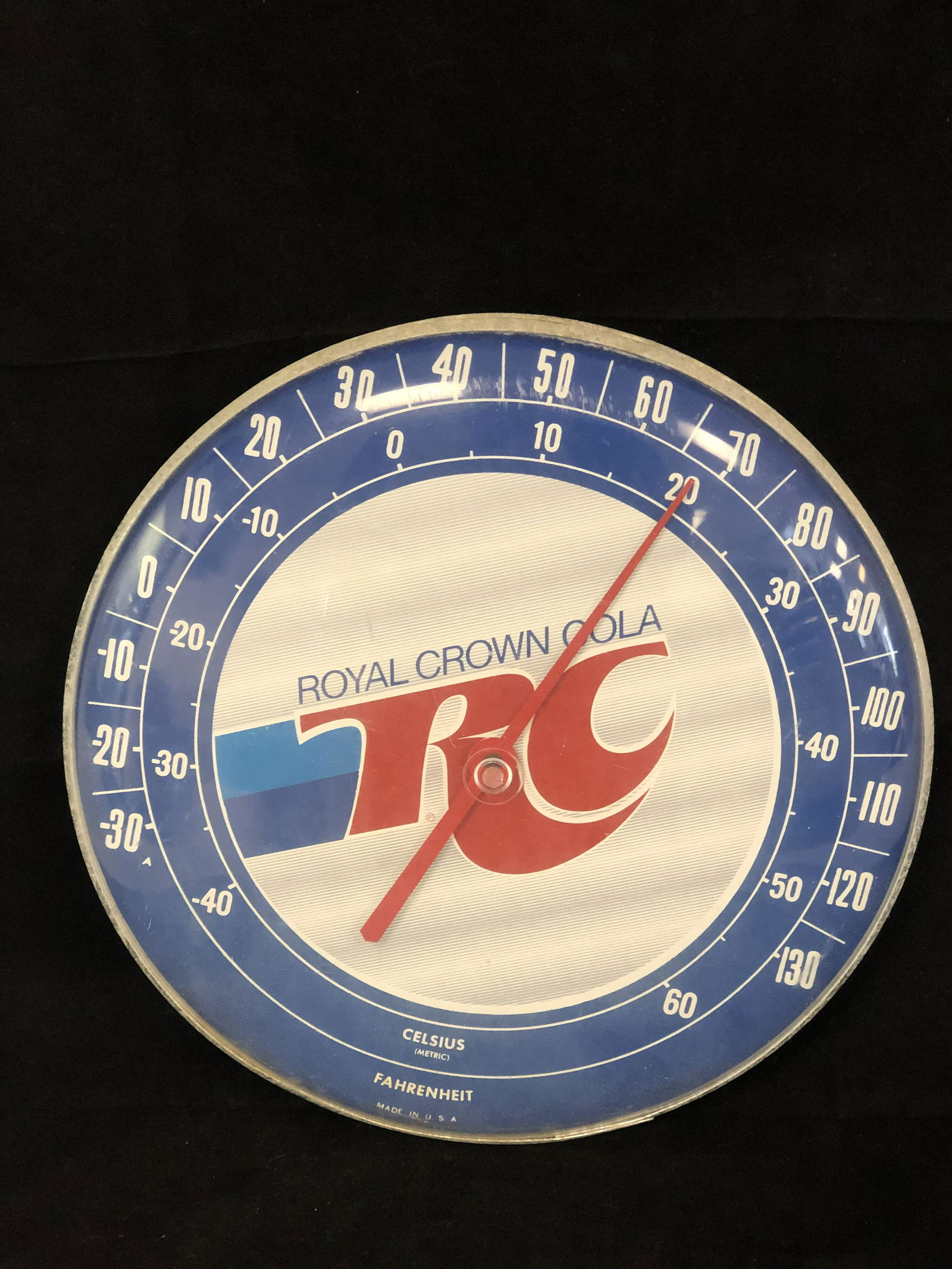 1960s 12" Round RC Cola Thermometer Sign: 1960s RC Cola Thermometer Sign - 12'' Round w/ Plastic Cover, Metal Base(Some Patina , Slight Rust on Bracket)