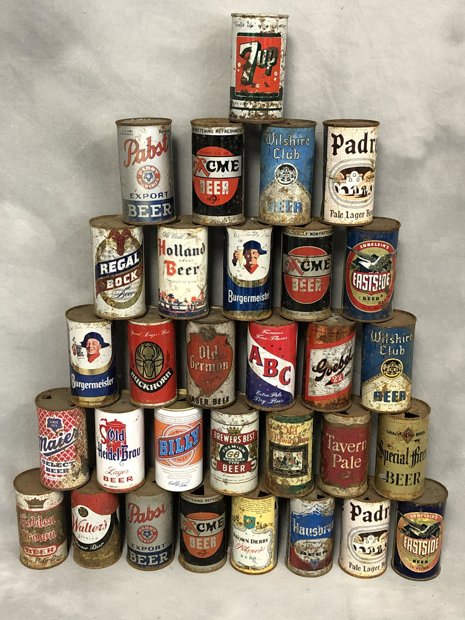 (30)Asst Vtg Tin Beer Cans, 7up: (30)Asst Vtg Tin Beer Cans, 7up - Pabst, Padre, Acme & More