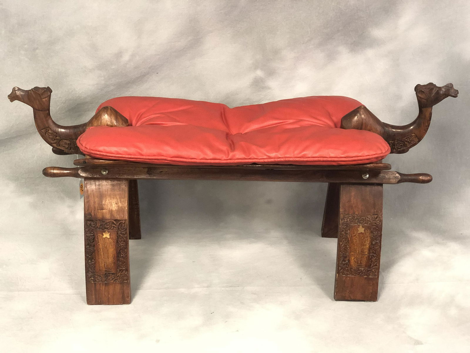 Vtg Camel Saddle Foot Stool, Leather Top - Carved Base, (1 of 4)