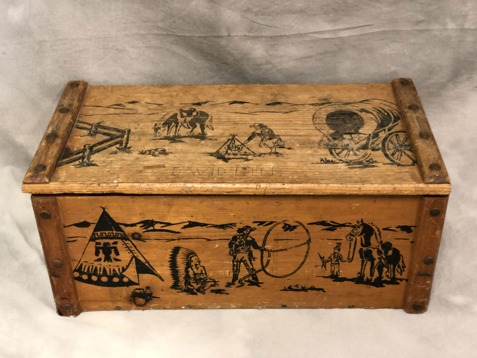 Vintage Cowboy & Indian Wooden Chest - Rope Handles, (1 of 5)