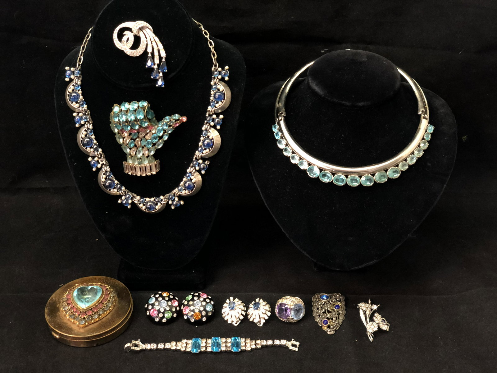 Vtg Hallmarked Costume Jewelry - Joseph Mazer Ring,: Vtg Hallmarked Costume Jewelry - Joseph Mazer Ring, Tortolini Necklace, Kramer Boucher Pin, Thumbs Up Clip & More