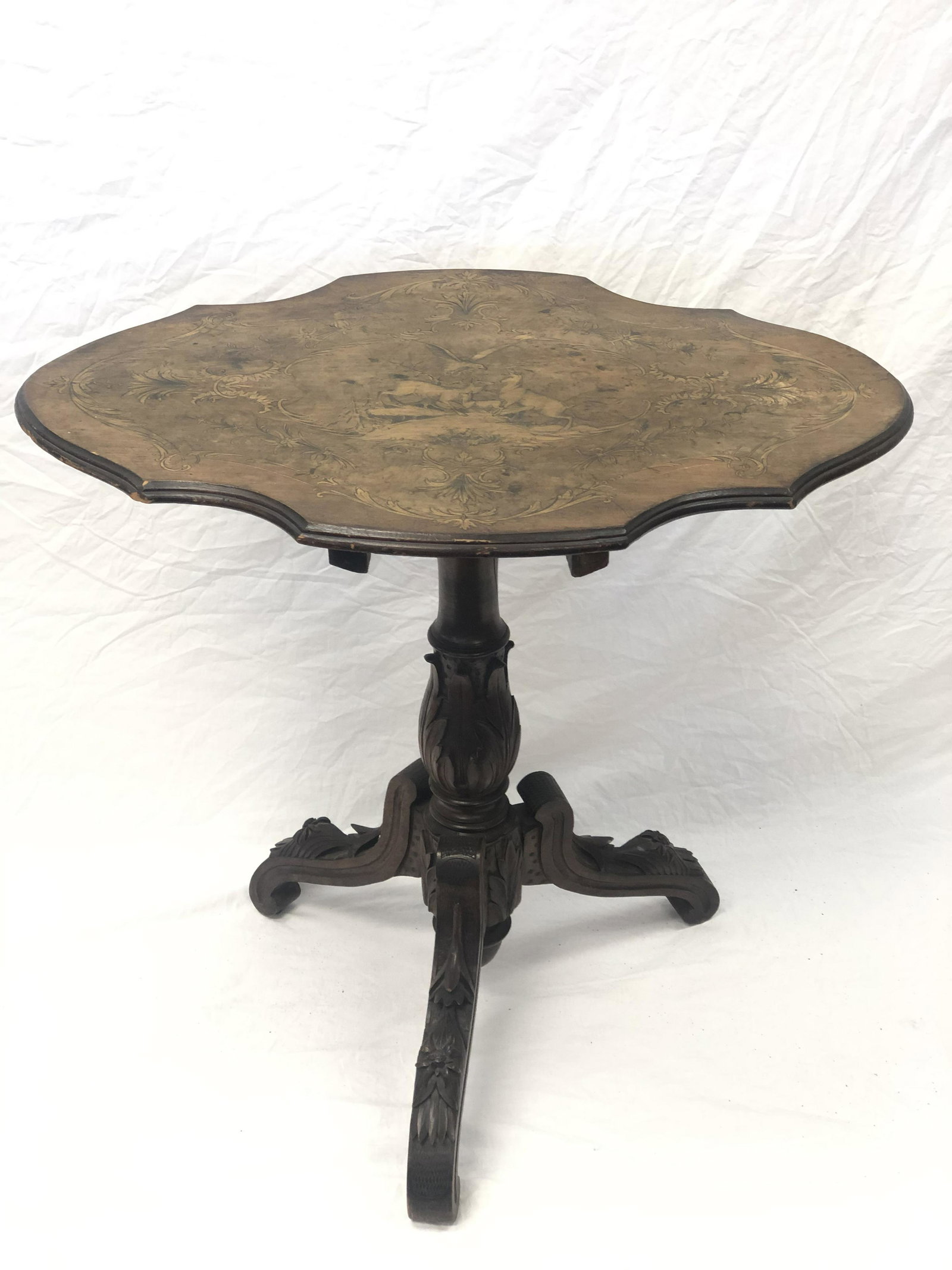 Victorian Etched Top Tilt Table: Victorian Etched Top Tilt Table - Ornately Carved Base, Deer, Eagle & Bird Motif on Top