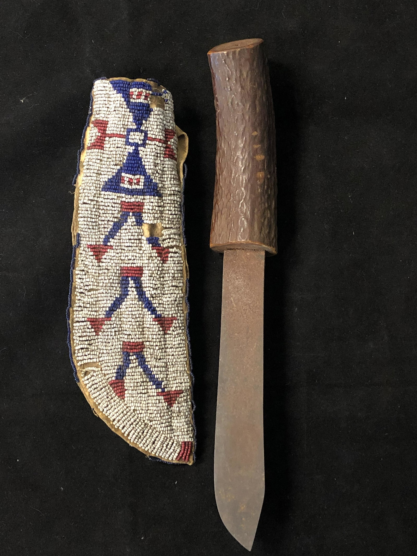 1800s Sioux Tribe Beaded Knife Sheath: 1800s Sioux Tribe Beaded Knife Sheath - Sioux Patterns Beaded Glass Red, White, Blue w/ Old Metal Blade Knife, Wooden Handle - Sheath 9'' , Blade 6.75'', Overall 11.5'' Long