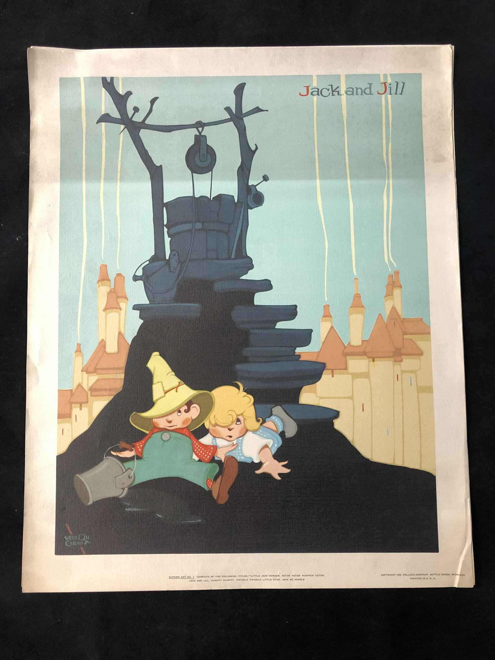(3)1938 Kellogg Co Posters, Jack & Jill: (3)1938 Kellogg Co Posters, Jack & Jill - Peter Peter Pumpkin Eater, Humpty Dumpty, Jack & Jill, 14'' x 17.5''