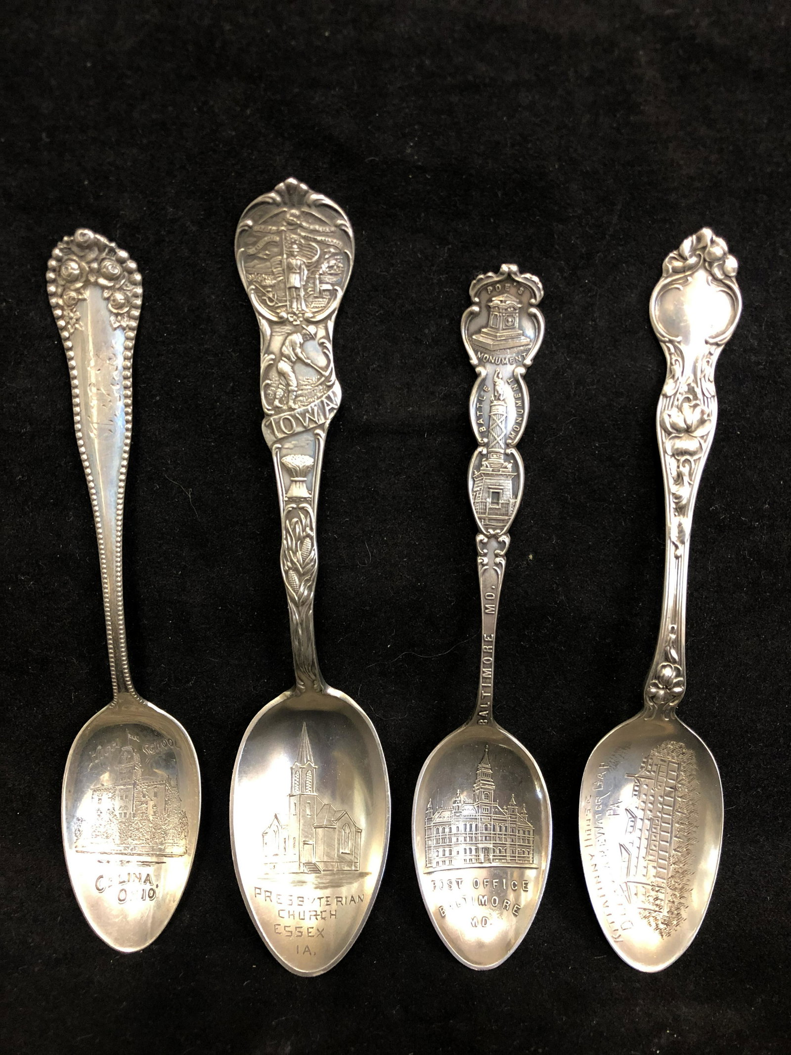 (4)Sterling Silver Collectors Spoons: (4)Sterling Silver Collectors Spoons - Kittatinny House Delaware Water Gap, Post Office Baltimore w/ Poe's Monument, Presbyterian Church Essex Iowa & High School Cenlina Ohio