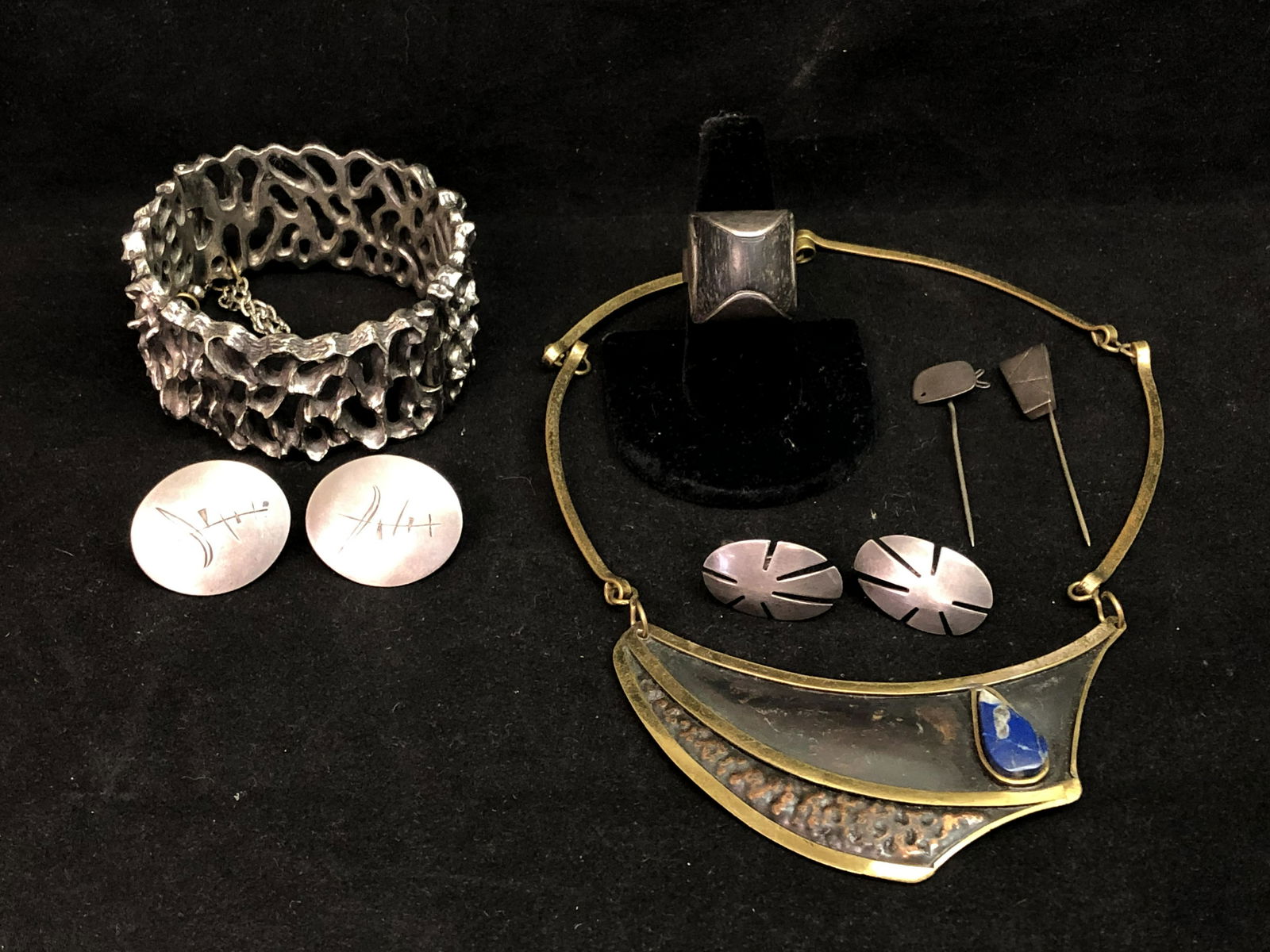 Hallmarked, Mid Century Modernist Jewelry: Hallmarked, Mid Century Modernist Jewelry - Betty Cooke Pins, Robert Larin Brutalist Pewter, Ed Levin Earrings, Lapis Necklace, Bill Tendlers Shop Wood / Silver Ring Hallmarked 'NK'