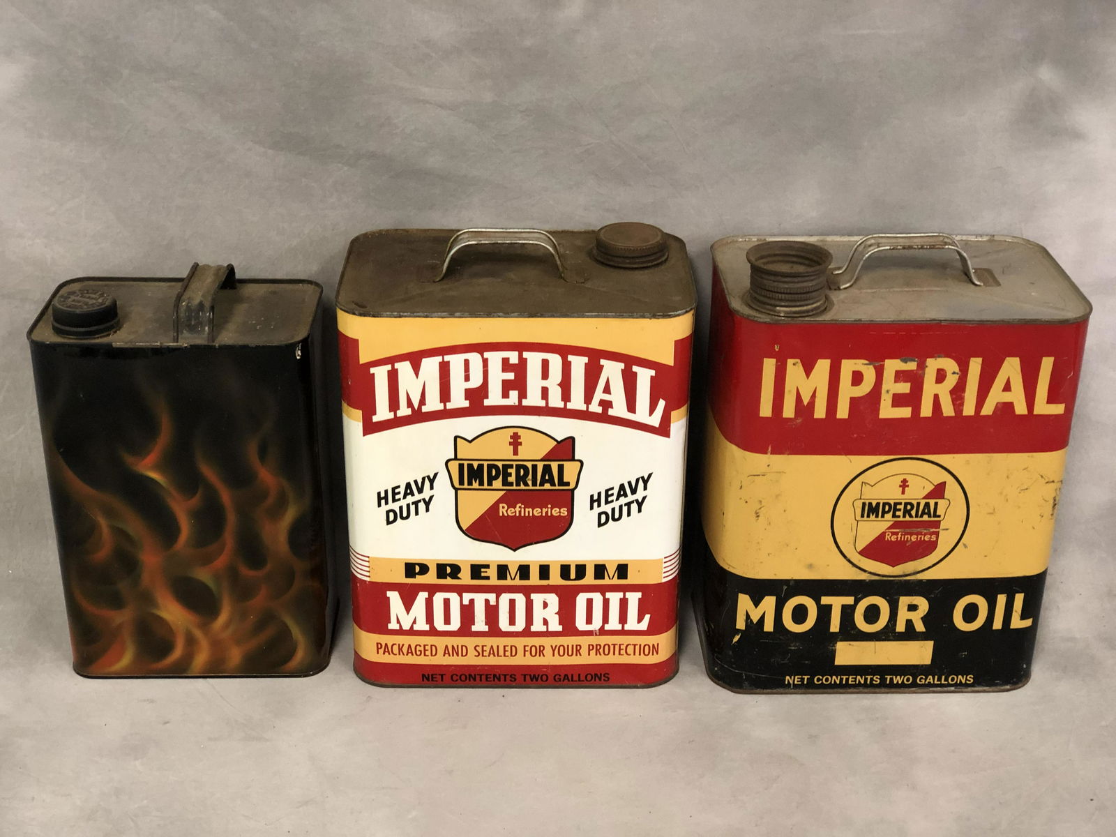 (3)Vtg Oil Cans, Imperial & Flame Design - (2) 2gal. (1 of 10)