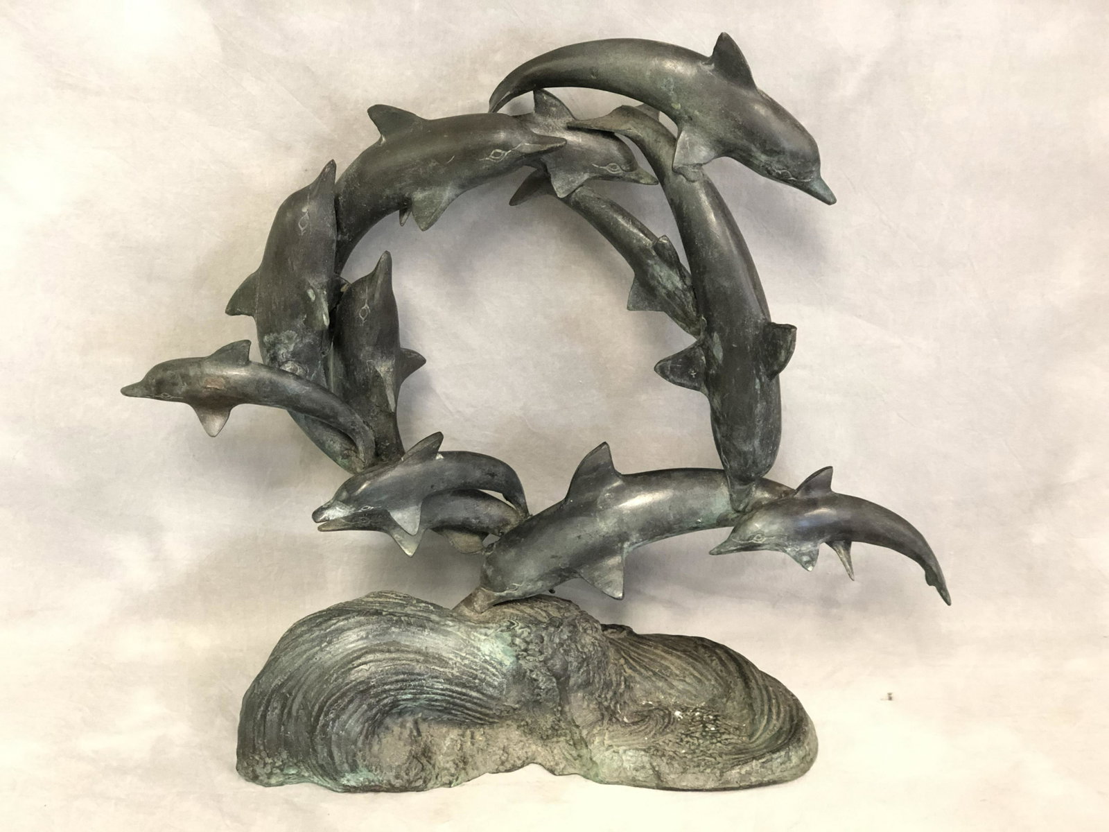 Mixed Metal/ Bronze Dolphin Sculpture: Mixed Metal/ Bronze Dolphin Sculpture - 12 Dolphin Figures, Approx. 21'' x 19''