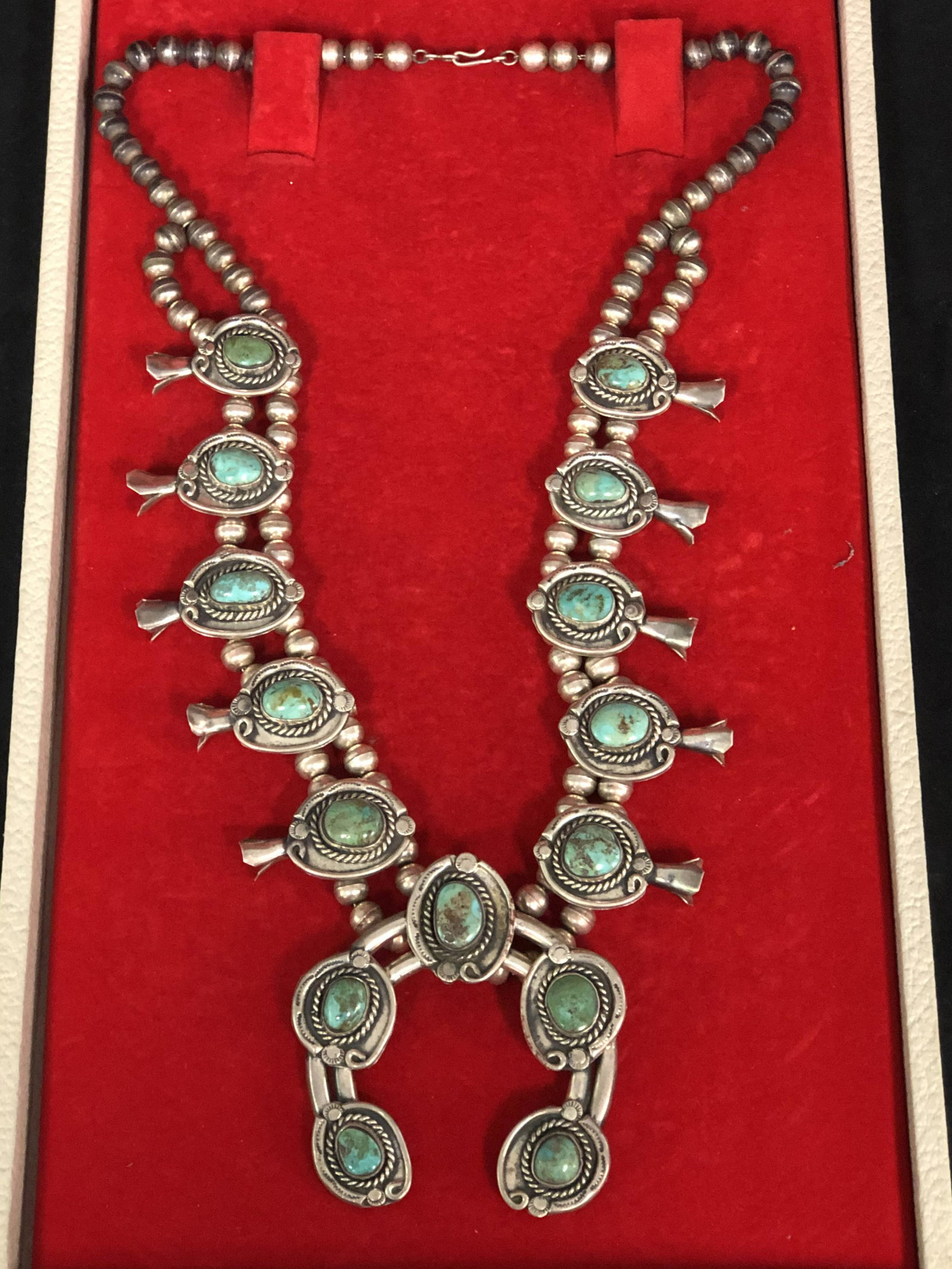 Vtg 60s - 70s Navajo Squash Blossom Necklace: Vtg 60s - 70s Navajo Squash Blossom Necklace - Sterling Silver w/ Turquoise, Naja w/ (5)Turquoise Stones & (10)Blossoms, 16'' Length, Total Wgt 244g