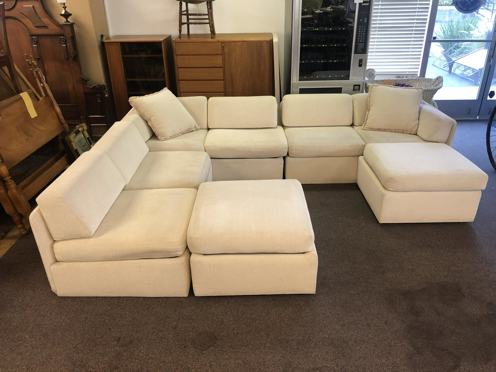 3pc Sectional Cloth Sofa w/ 2 Rolling Ottomans: 3pc Sectional Cloth Sofa w/ 2 Rolling Ottomans - 7'10'' Side , 10'6'' Back , 2'11'' Side , Ottomans 30'' x 30'' x 18'' - Pick Up Only -
