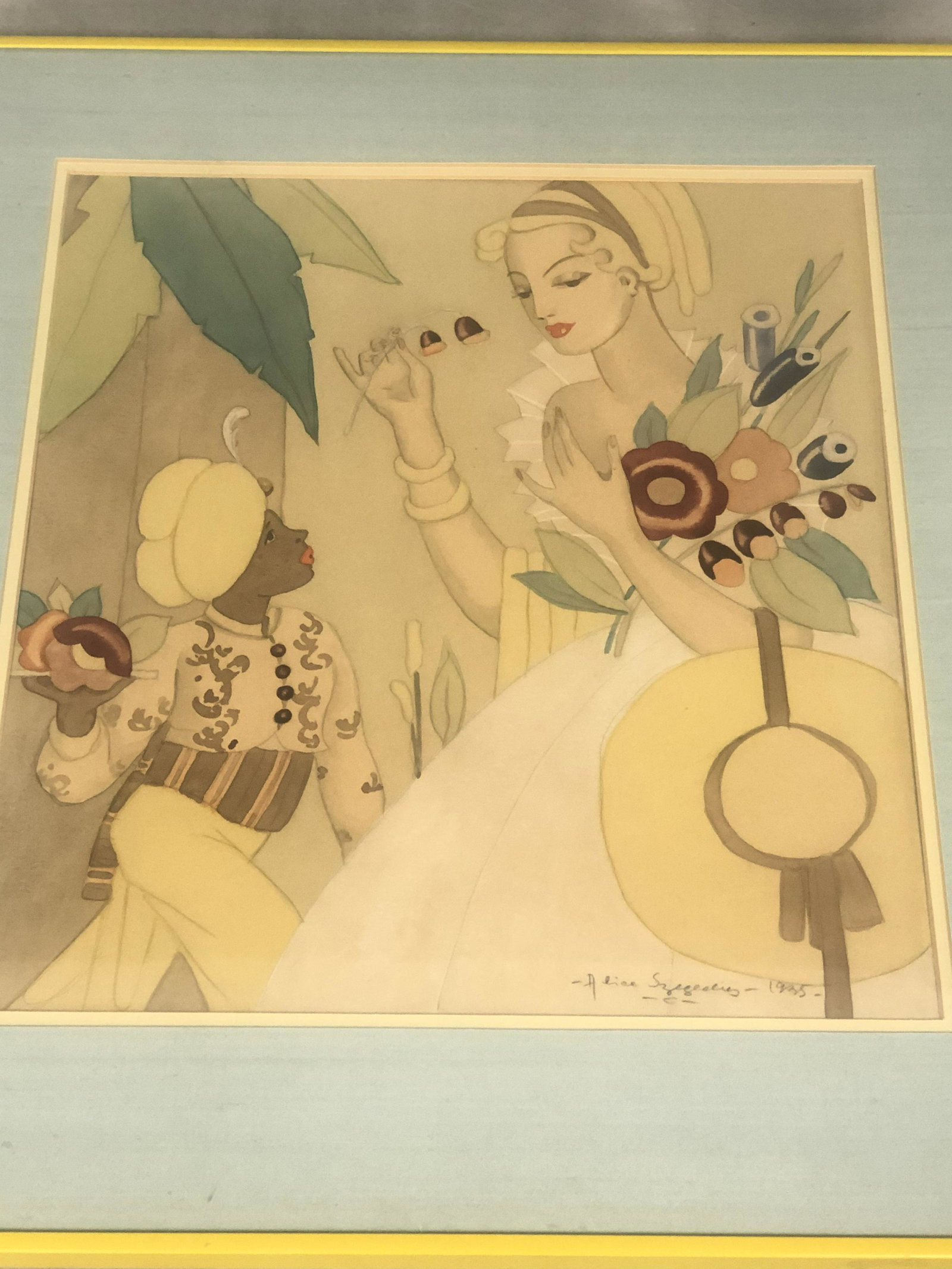 1935 'Alice Szegedy' Art Deco Watercolor - Signed &: 1935 'Alice Szegedy' Art Deco Watercolor - Signed & Dated, Art Deco Woman, Sight 14'' x 15.5'' & Framed 20'' x 22.5''