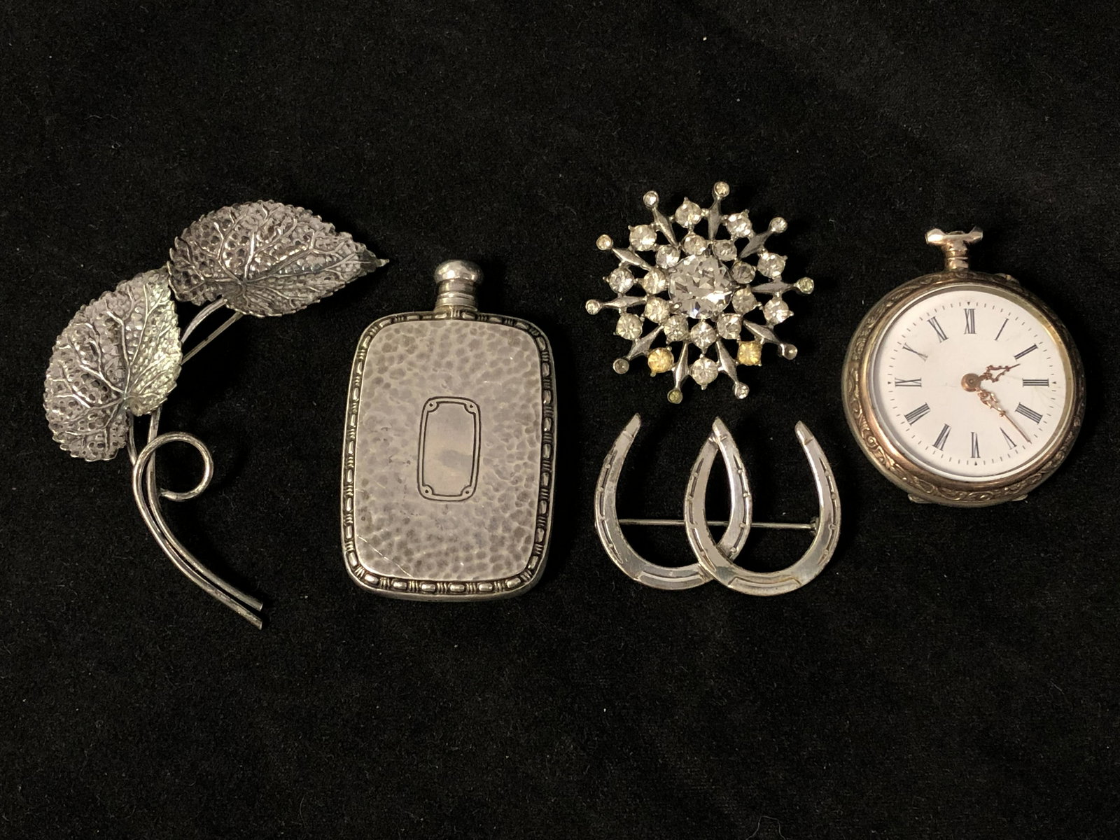 Sterling Perfume, Jewelry & .800 Silver Watch - Small: Sterling Perfume, Jewelry & .800 Silver Watch - Small Hallmarked .800 Silver Pocket Watch (inspect top), (3)Brooches & Sterling Perfume Flask - Total Sterling Wgt 26.4g
