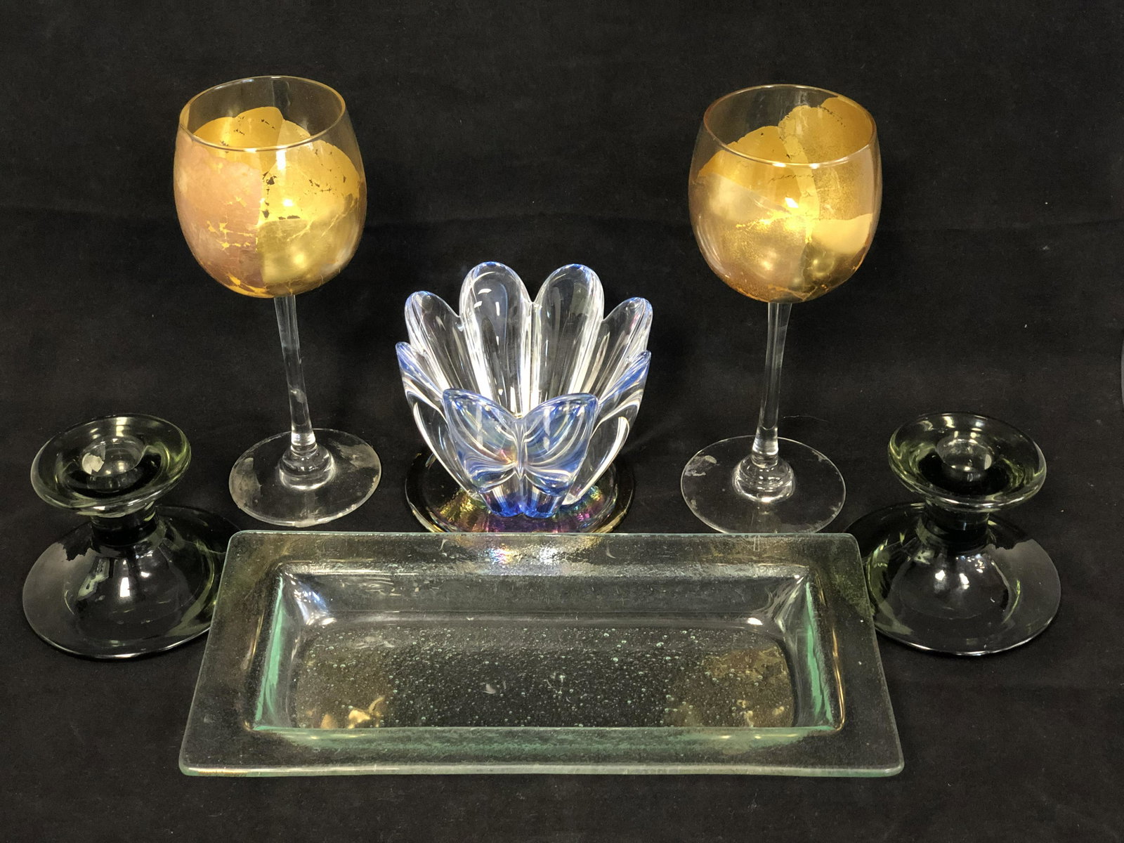Asst Art Glass Items, Holmegaard, More - Orefor Blue: Asst Art Glass Items, Holmegaard, More - Orefor Blue Bowl, Signed Stemware, Holmegaard Candlesticks, Tray, Opalescent Disk