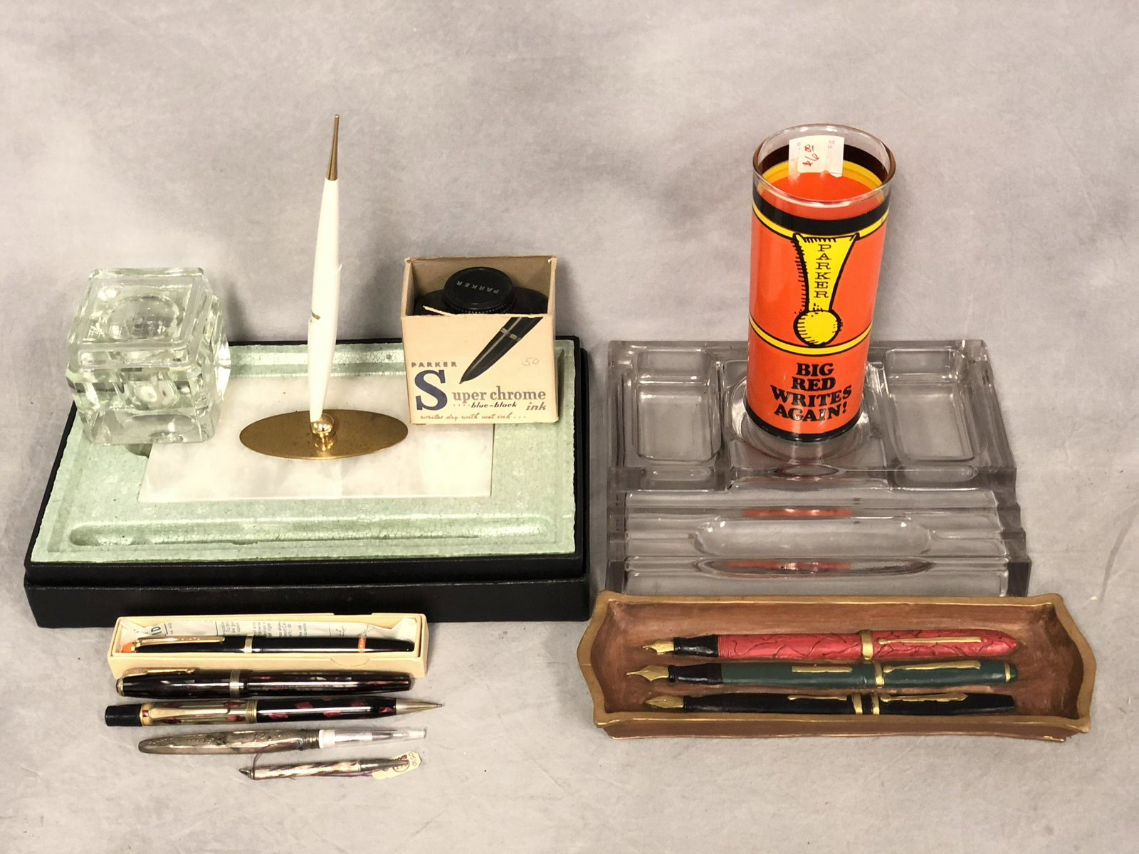 Asst Fountain Pens,Sterling Pencil,Ink Wells,More -: Asst Fountain Pens,Sterling Pencil,Ink Wells,More - Parker, Pen Holders, (2)Sterling Pencils, Ink & More