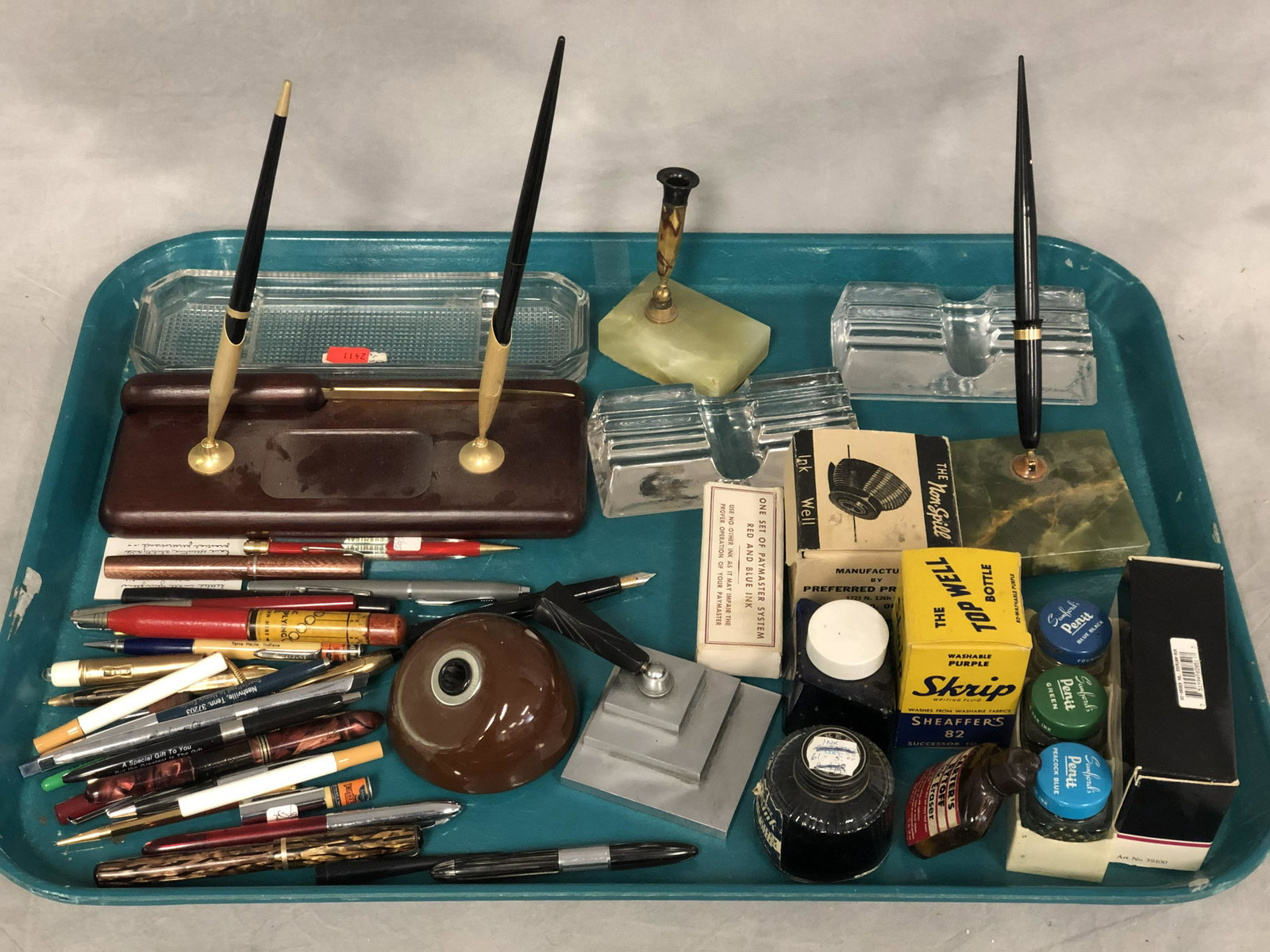 Asst Lot Fountain Pens, Ink Wells, More - Advertising: Asst Lot Fountain Pens, Ink Wells, More - Advertising Pens, Marble Stands, Glass Pen Holders, Elgin, Sheaffer, WearEver & More